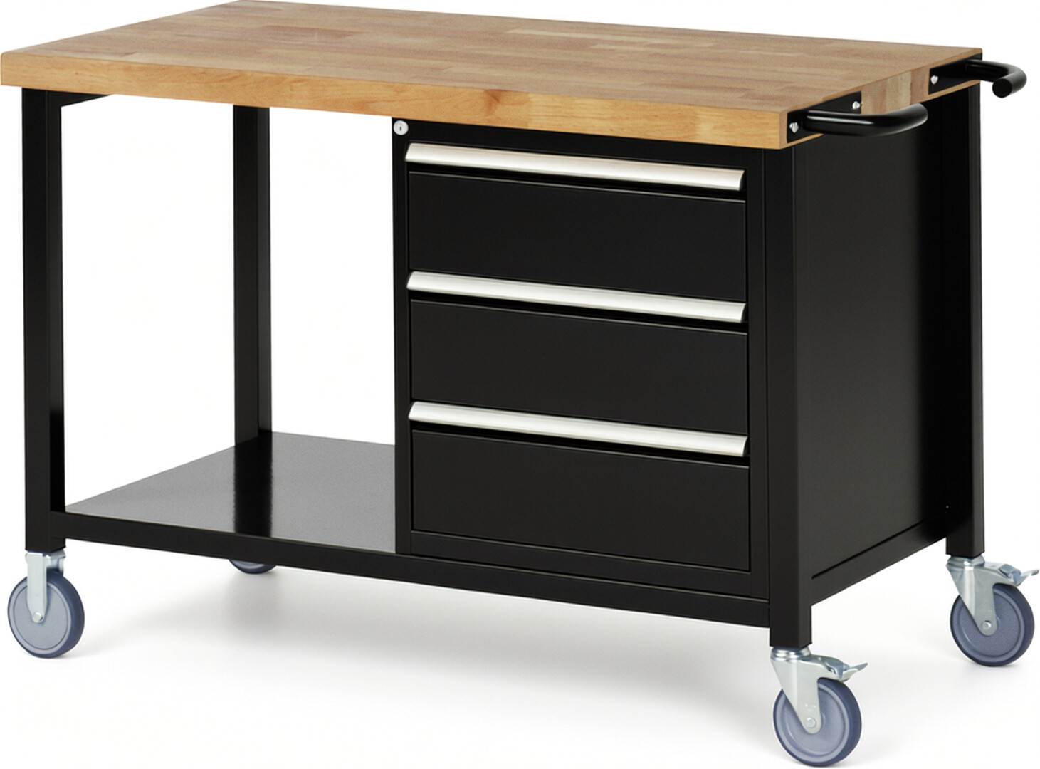 Fahrbare Werkbank Modell 8157 schwarz, BxTxH 1250x700x880 mm,  Buche-Massiv Arbeitsplatte 40 mm,  3 Schubladen mit  Vollauszug 100 % und  SoftClosing
