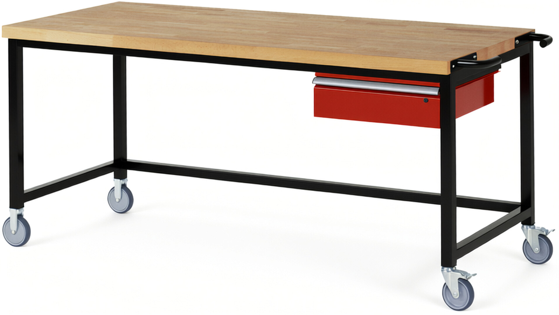 RAU Werkbank schwarz - rot - Breite 200 cm - Tiefe 90 cm - Höhe 108 cm - Buche-Massiv Arbeitsplatte 40 mm