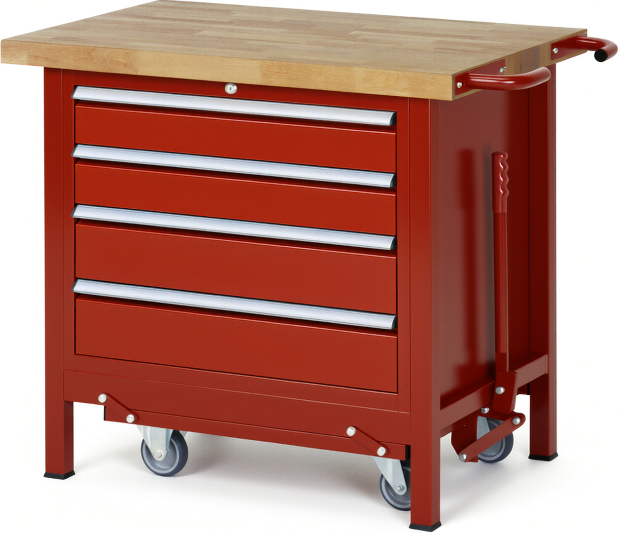 Absenkbare Werkbank Modell 8262 rot, BxTxH 1000x700x880 mm,  Buche-Massiv Arbeitsplatte 40 mm,  4 Schubladen mit  Auszug 90 %