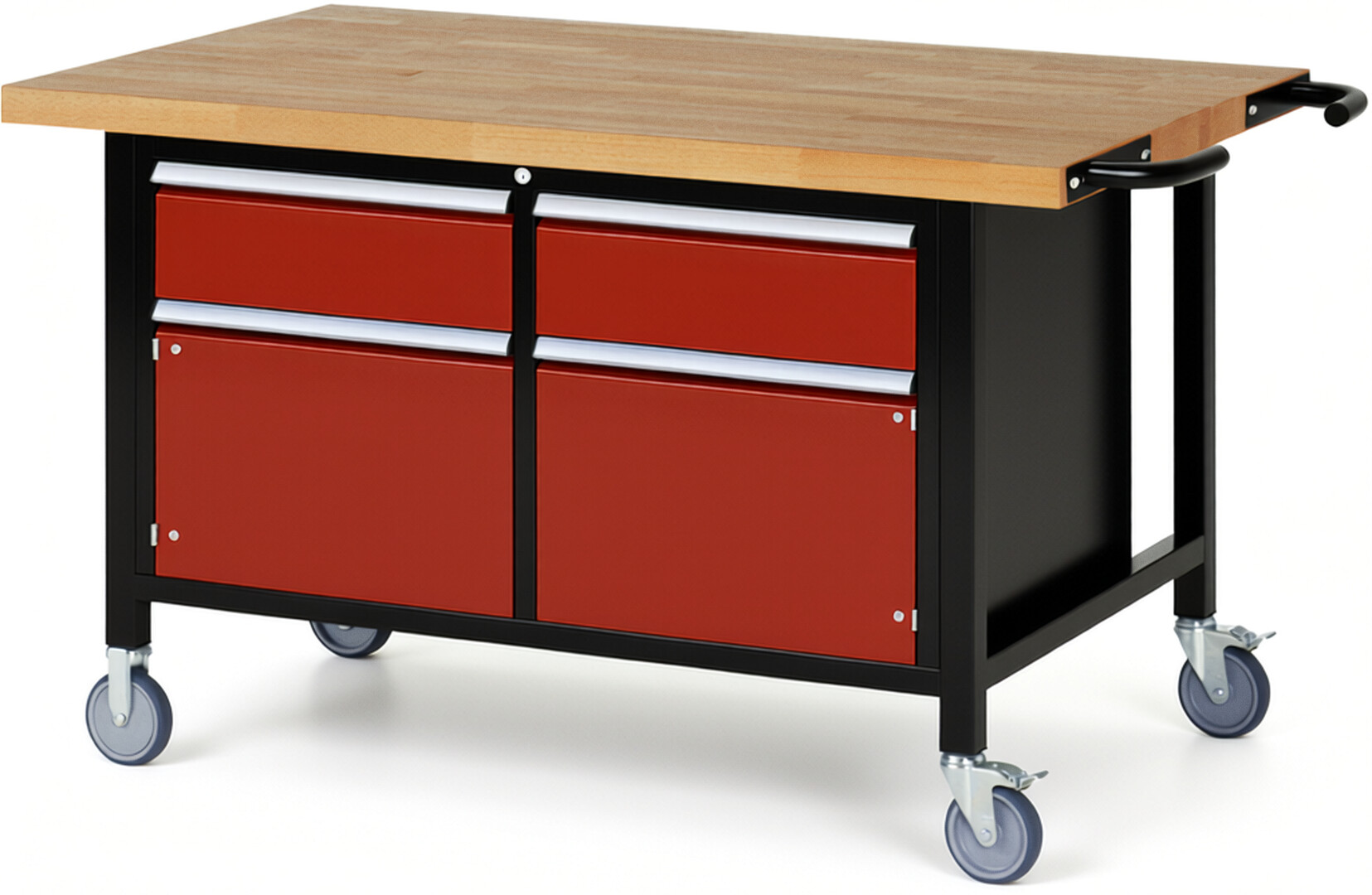 RAU Werkbank schwarz - rot - Breite 150 cm - Tiefe 90 cm - Höhe 108 cm - Buche-Massiv Arbeitsplatte 40 mm