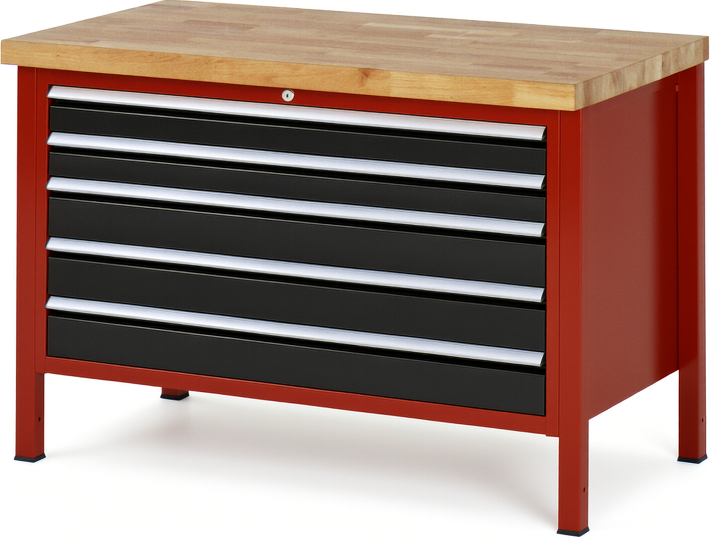 Werkbank Modell 8371 rot - schwarz, BxTxH 1250x700x840 mm,  Buche-Massiv Arbeitsplatte 40 mm,  5 Schubladen mit  Auszug 90 %