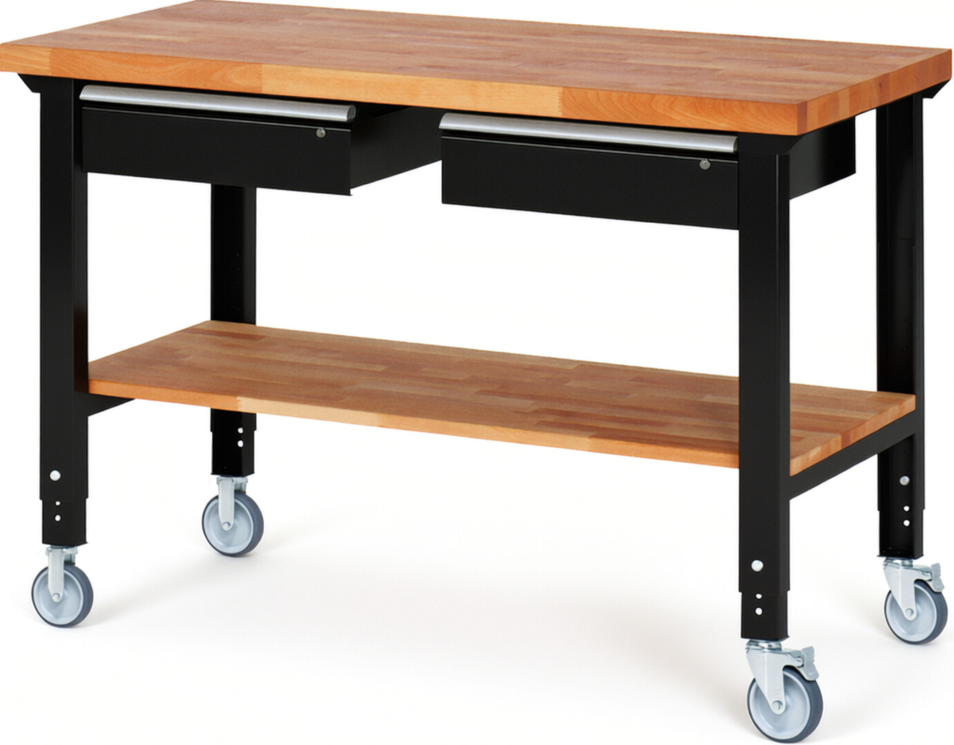 Fahrbare Werkbank Modell 7002 schwarz, BxTxH 1500x700x950-1000 mm,  Buche-Massiv Arbeitsplatte 40 mm,  2 Schubladen mit  Auszug 90 %