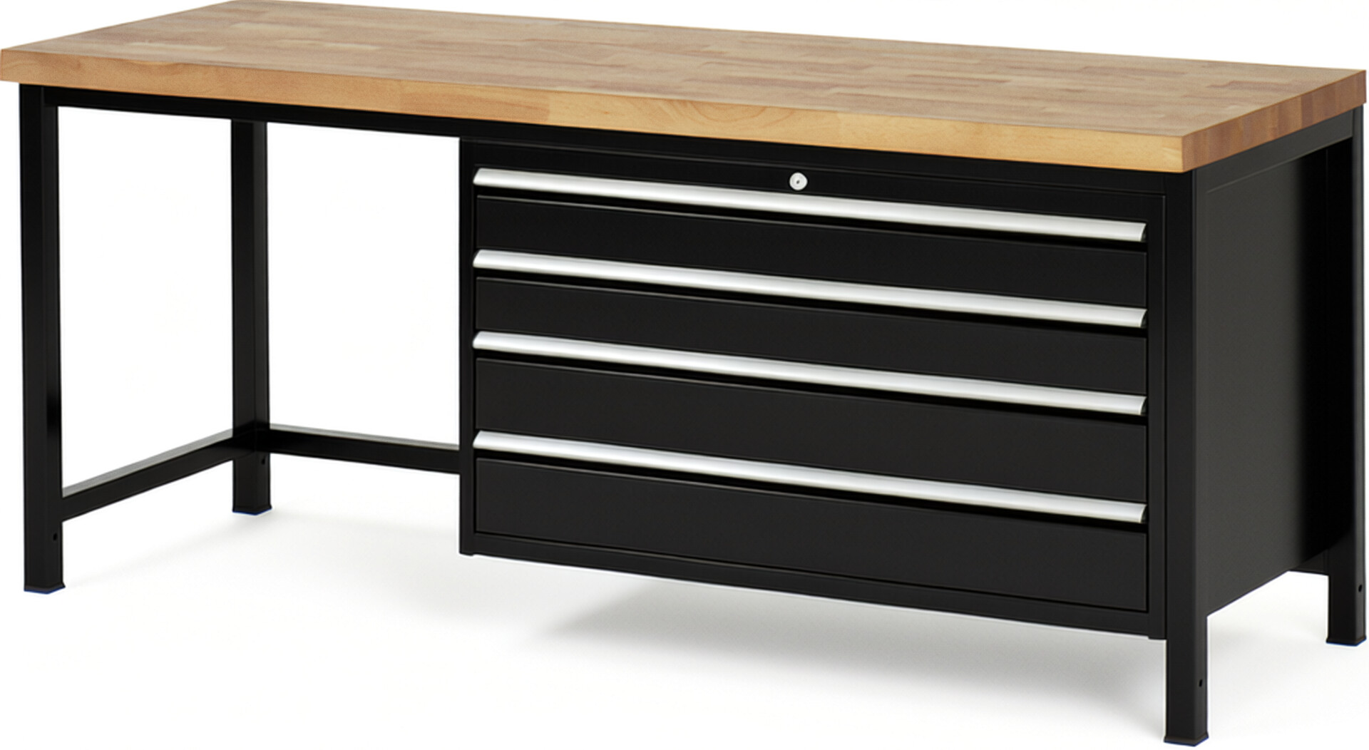 Werkbank Modell 8362 schwarz, BxTxH 2000x700x840 mm,  Buche-Massiv Arbeitsplatte 40 mm,  4 Schubladen mit  Vollauszug 100 % und  SoftClosing