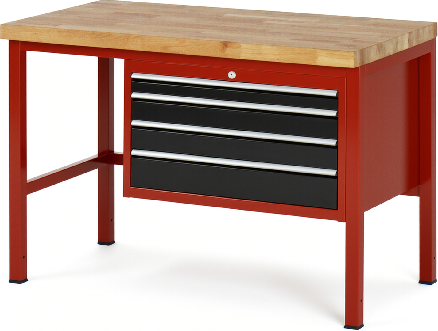 Werkbank Modell 8232 rot - schwarz, BxTxH 1250x700x840-1040 mm,  Buche-Massiv Arbeitsplatte 40 mm,  4 Schubladen mit  Vollauszug 100 % und  SoftClosing