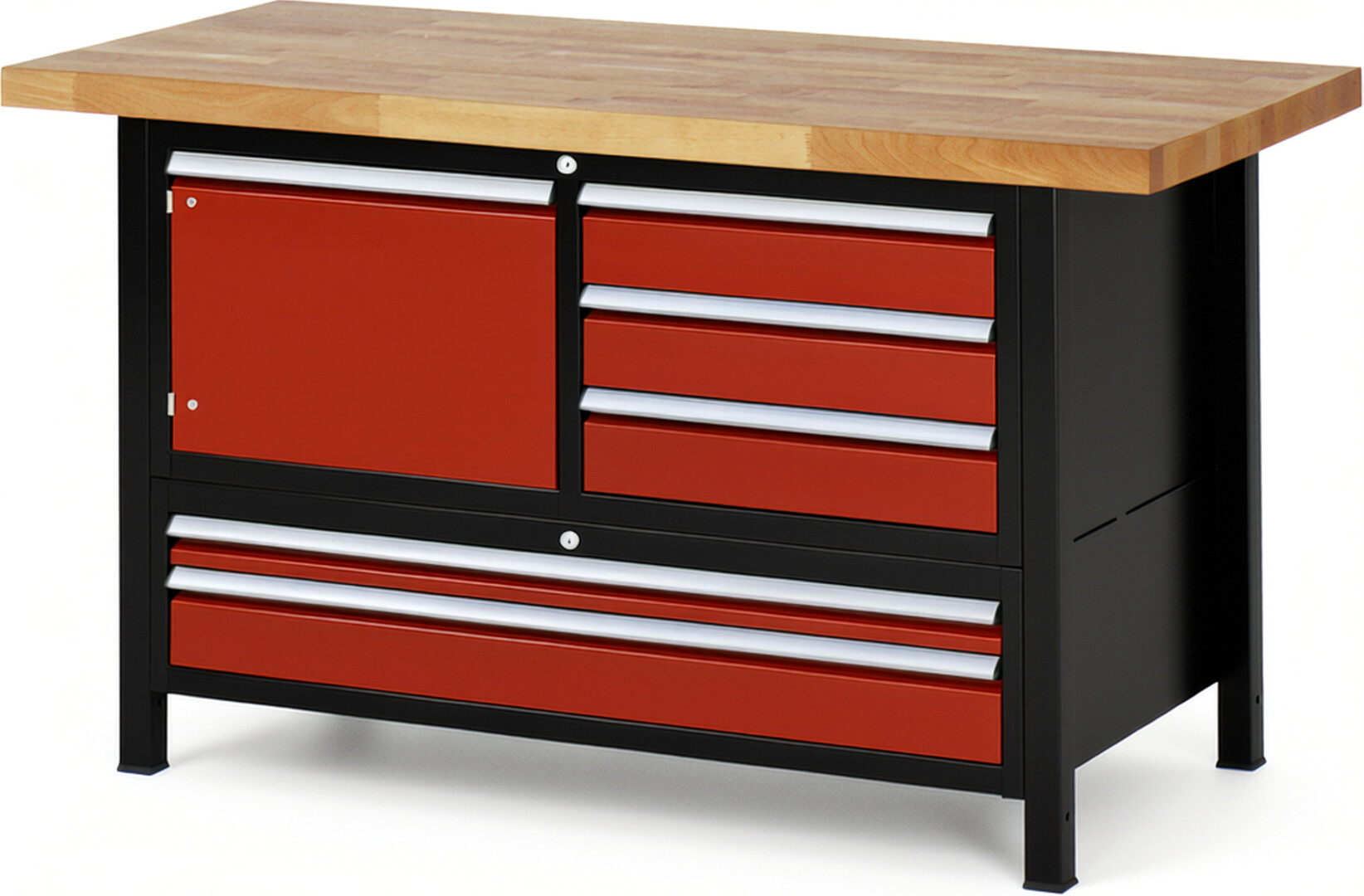 RAU Werkbank schwarz - rot - Breite 150 cm - Tiefe 70 cm - Höhe 104 cm - Buche-Massiv Arbeitsplatte 40 mm