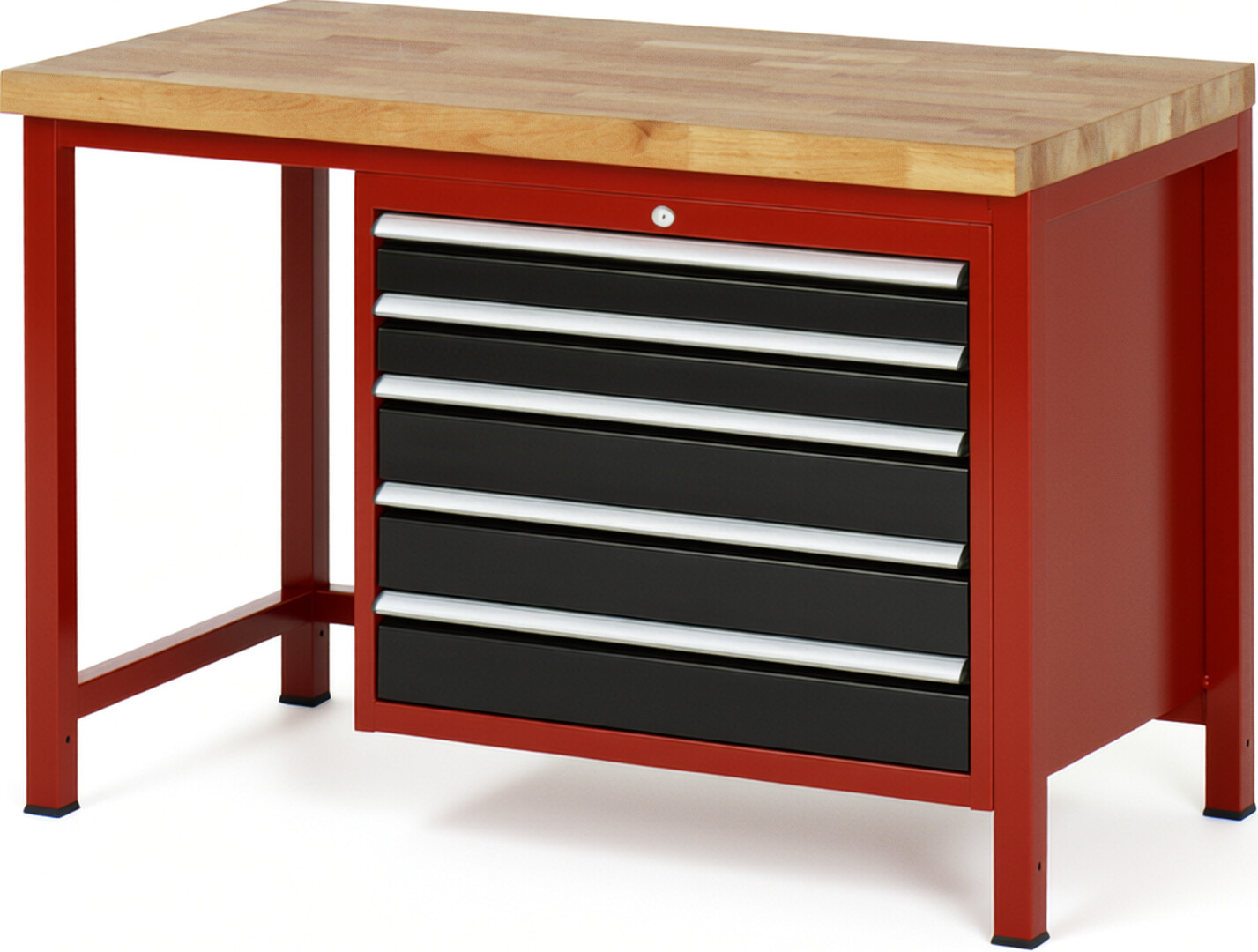 Werkbank Modell 8271 rot - schwarz, BxTxH 1250x700x840-1040 mm,  Buche-Massiv Arbeitsplatte 40 mm,  5 Schubladen mit  Vollauszug 100 % und  SoftClosing