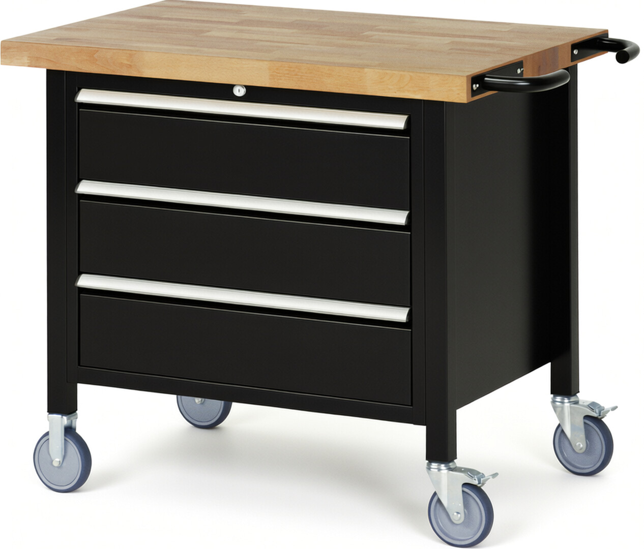Fahrbare Werkbank Modell 8257 schwarz, BxTxH 1000x700x880 mm,  Buche-Massiv Arbeitsplatte 40 mm,  3 Schubladen mit  Vollauszug 100 % und  SoftClosing