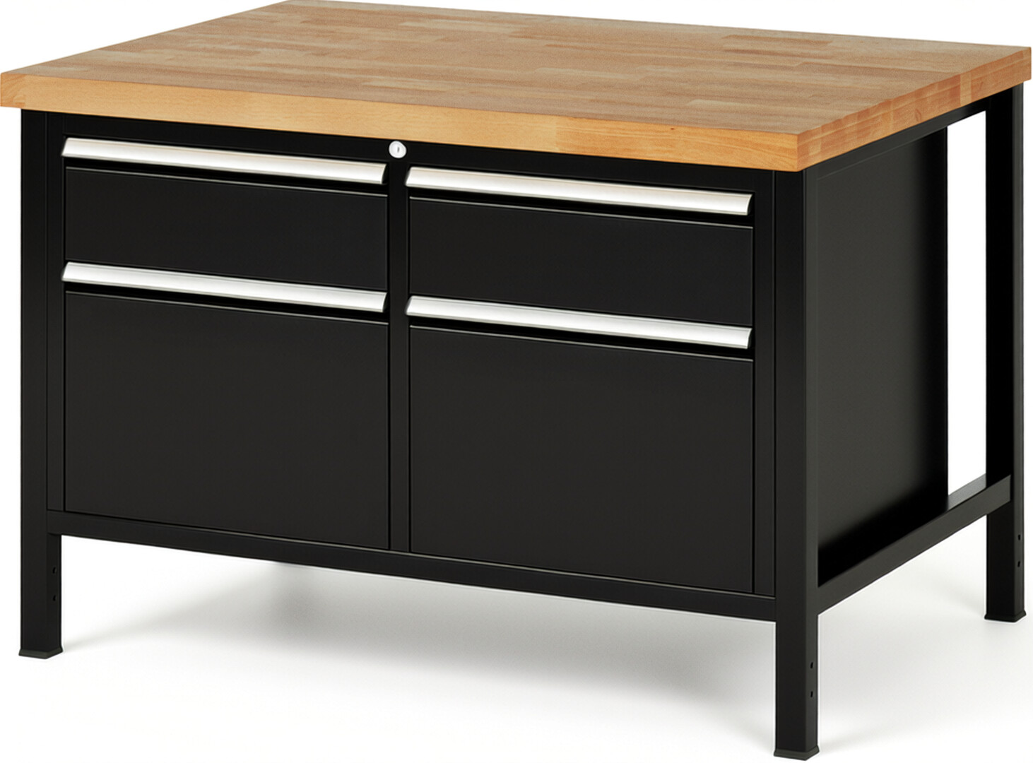 Werkbank Modell 8471 schwarz, BxTxH 1250x900x840 mm,  Buche-Massiv Arbeitsplatte 40 mm,  4 Schubladen mit  Vollauszug 100 % und  SoftClosing