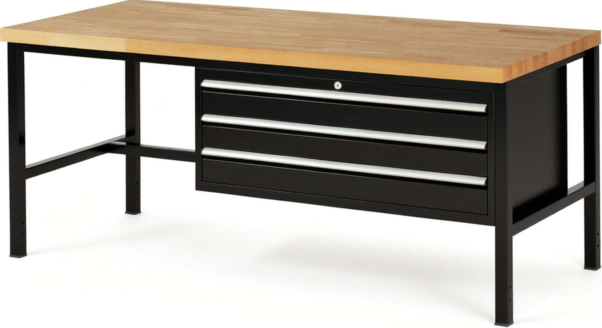 Werkbank Modell 8327 schwarz, BxTxH 2000x900x840-1040 mm,  Buche-Massiv Arbeitsplatte 40 mm,  3 Schubladen mit  Auszug 90 %