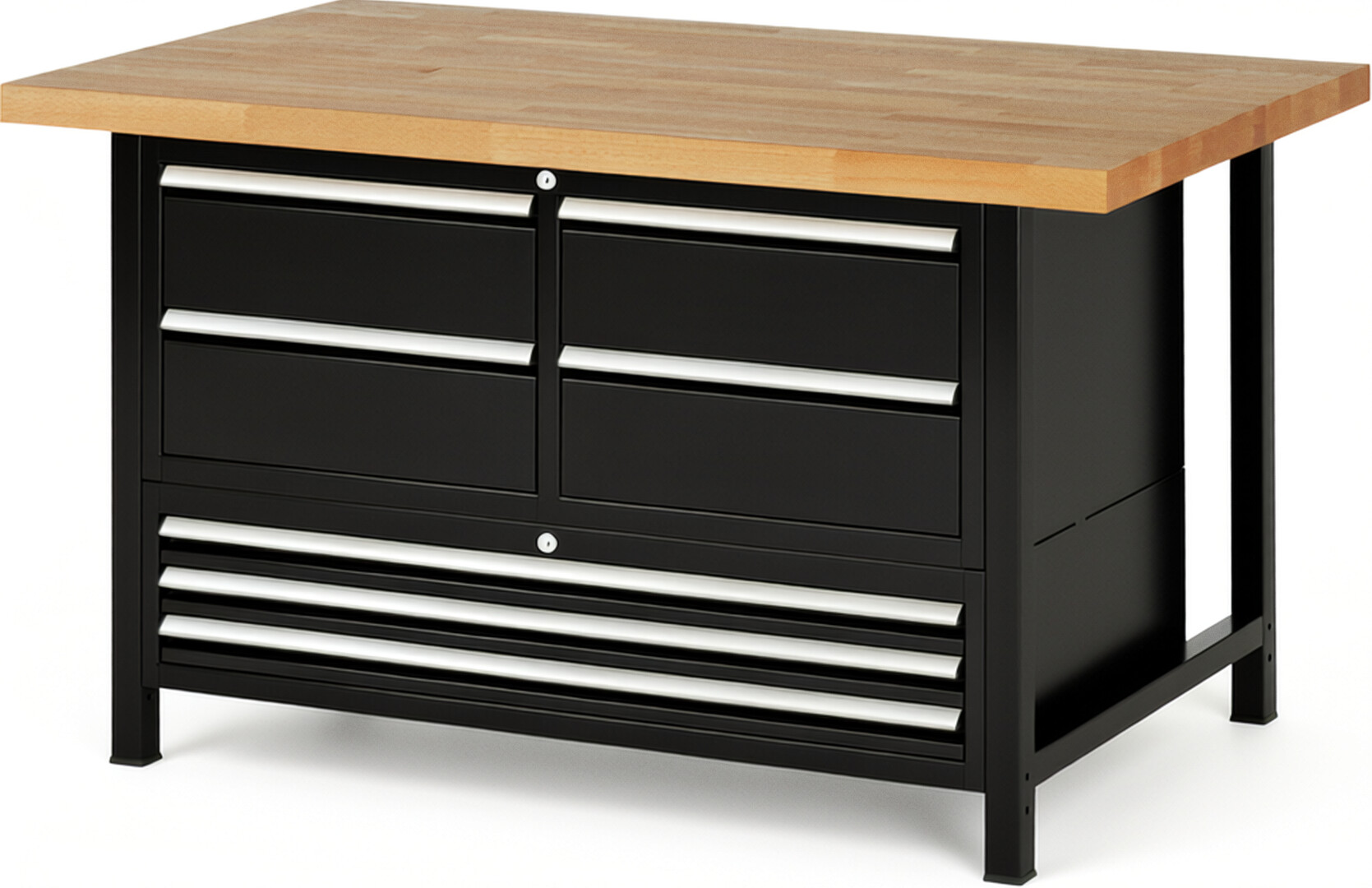 Werkbank Modell 8934 schwarz, BxTxH 1500x900x840 mm,  Buche-Massiv Arbeitsplatte 40 mm,  7 Schubladen mit  Vollauszug 100 % und  SoftClosing