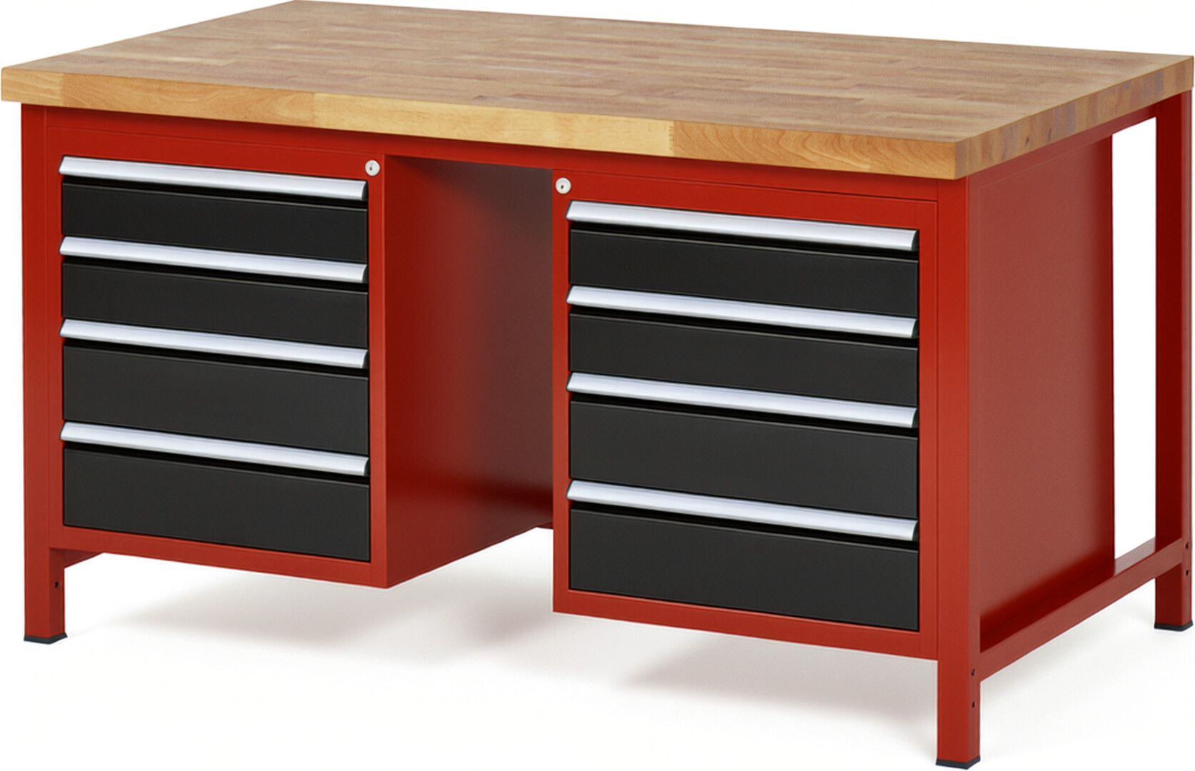 Werkbank Modell 8181 rot - schwarz, BxTxH 1500x900x840-1040 mm,  Buche-Massiv Arbeitsplatte 40 mm,  8 Schubladen mit  Auszug 90 %