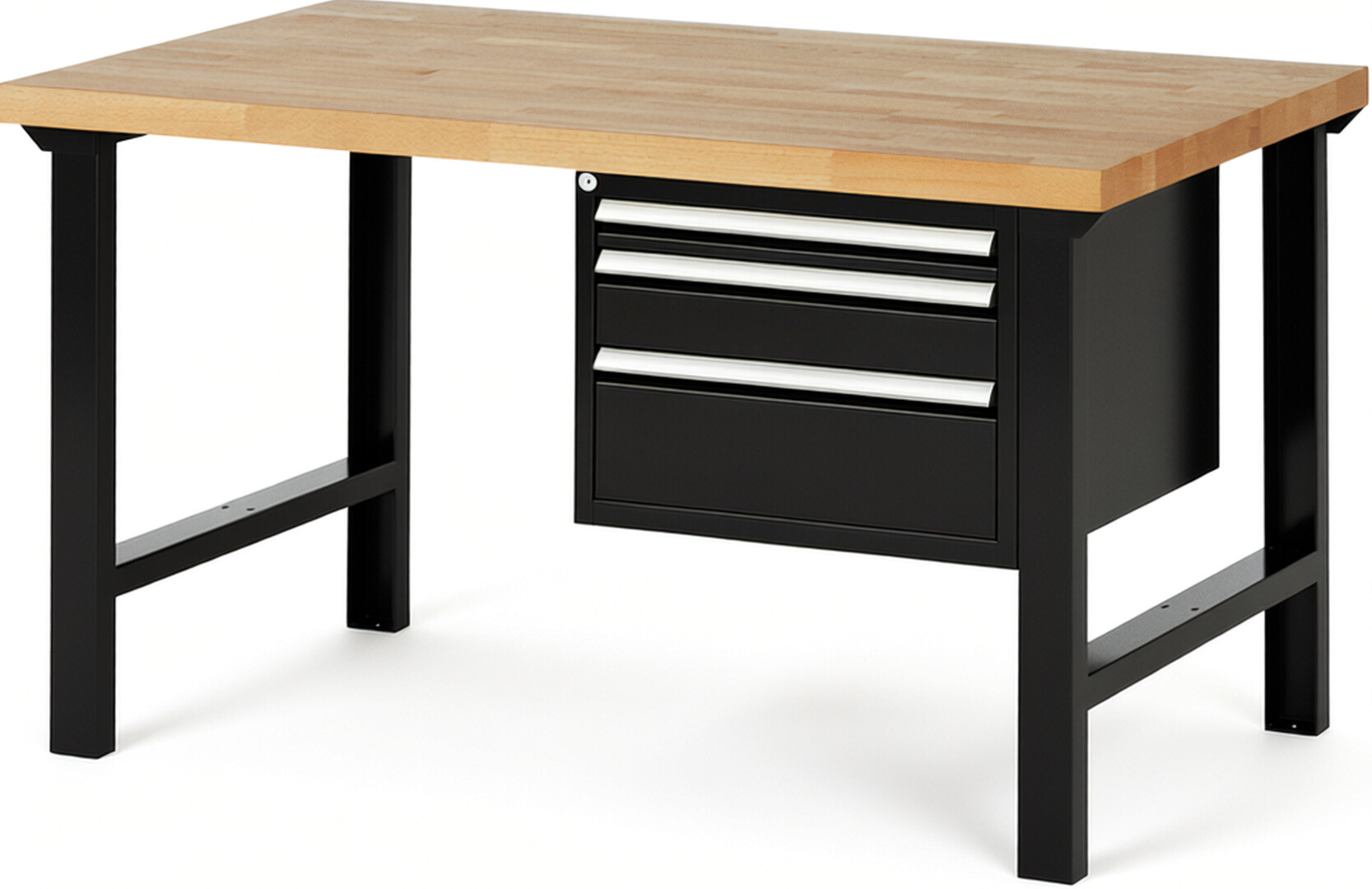 Werkbank Modell 7126 schwarz, BxTxH 1500x900x840 mm,  Buche-Massiv Arbeitsplatte 40 mm,  3 Schubladen mit  Vollauszug 100 % und  SoftClosing