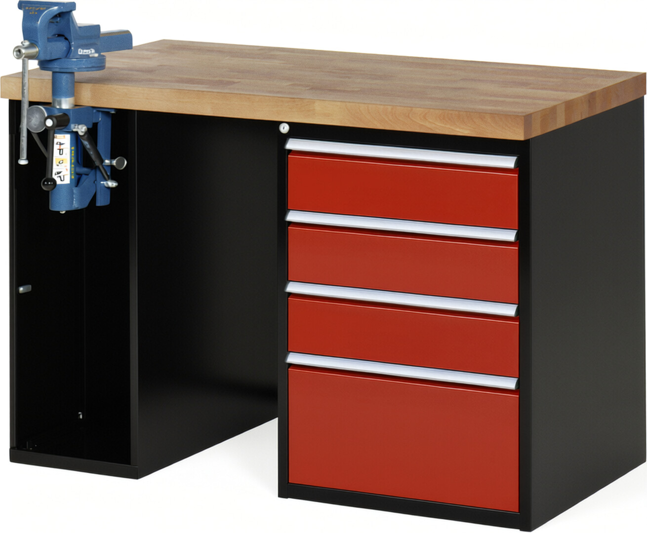 RAU Werkbank schwarz - rot - Breite 125 cm - Tiefe 70 cm - Höhe 89 cm - Buche-Massiv Arbeitsplatte 40 mm