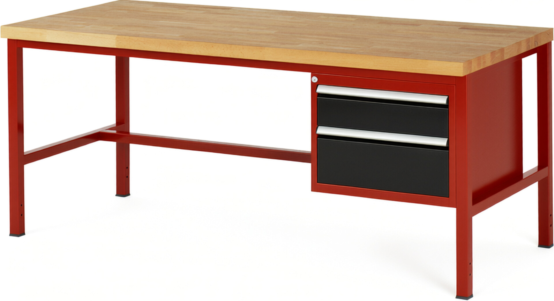 Werkbank Modell 8123 rot - schwarz, BxTxH 2000x900x840-1040 mm,  Buche-Massiv Arbeitsplatte 40 mm,  2 Schubladen mit  Auszug 90 %