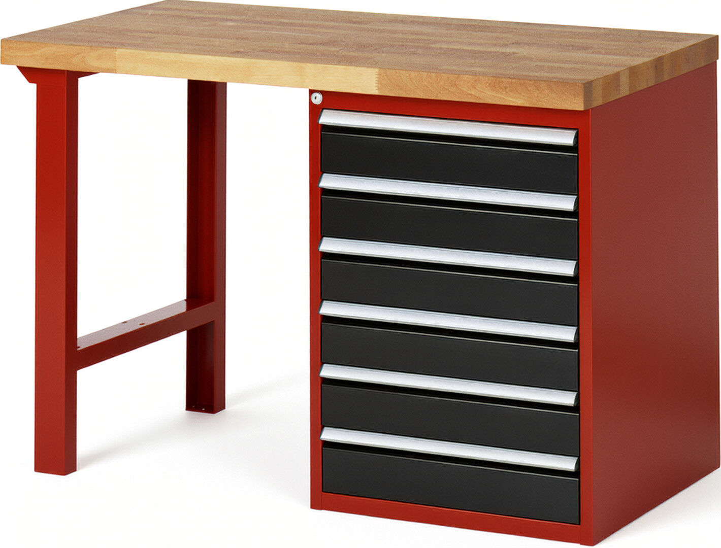 Werkbank Modell 7516 rot - schwarz, BxTxH 1250x700x890 mm,  Buche-Massiv Arbeitsplatte 40 mm,  6 Schubladen mit  Vollauszug 100 % und  SoftClosing