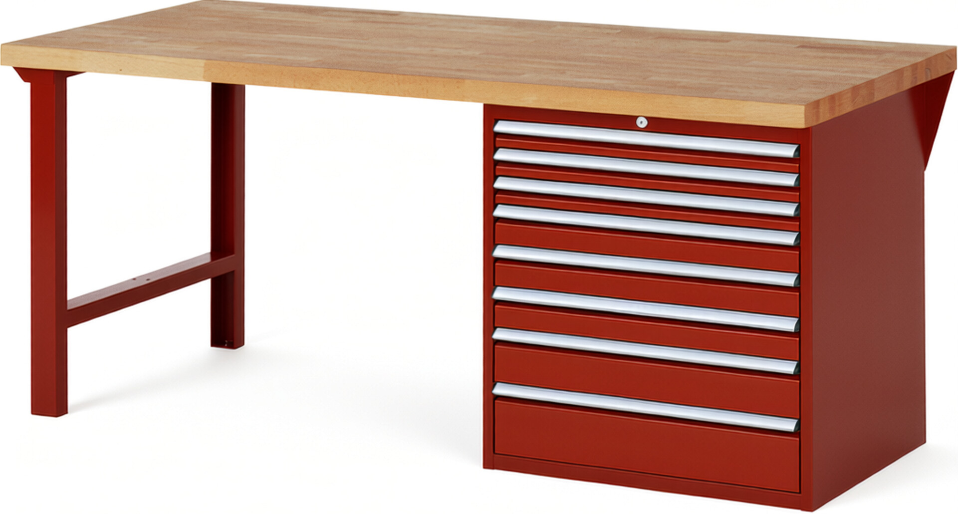 Werkbank Modell 7619 rot, BxTxH 2000x900x890 mm,  Buche-Massiv Arbeitsplatte 40 mm,  8 Schubladen mit  Vollauszug 100 % und  SoftClosing