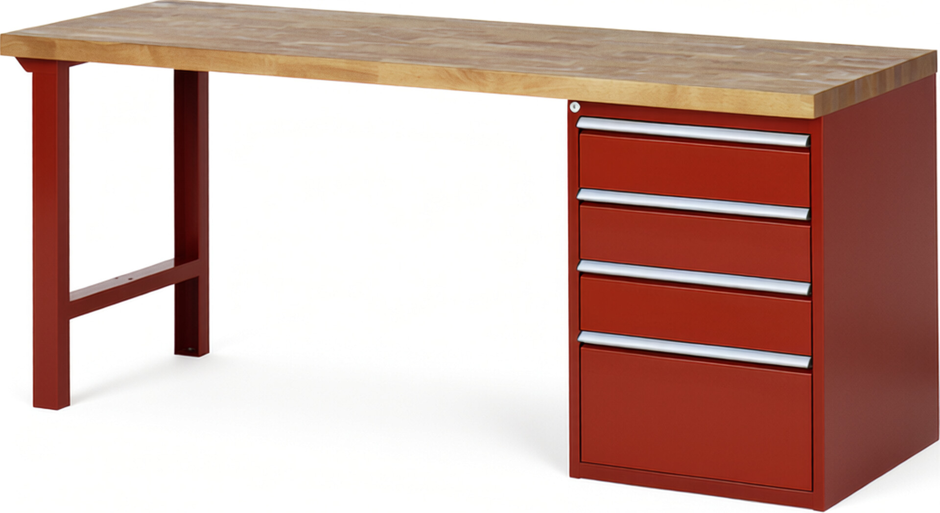 Werkbank Modell 7510 rot, BxTxH 2000x700x890 mm,  Buche-Massiv Arbeitsplatte 40 mm,  4 Schubladen mit  Auszug 90 %