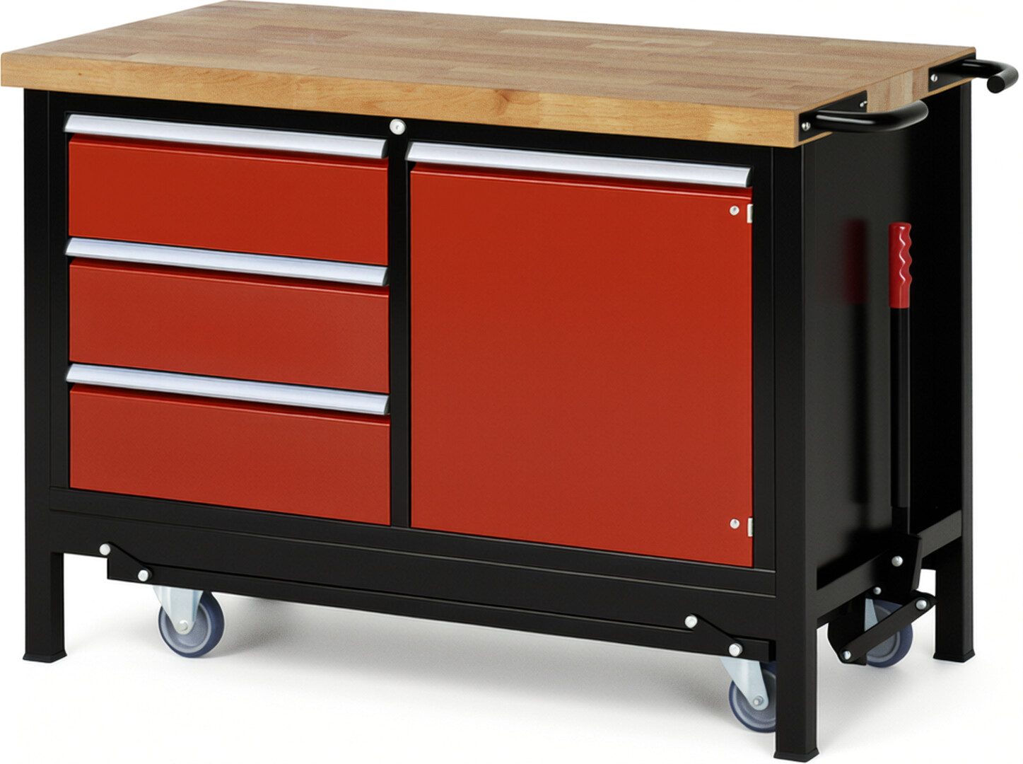 RAU Werkbank schwarz - rot - Breite 125 cm - Tiefe 70 cm - Höhe 88 cm - Buche-Massiv Arbeitsplatte 40 mm