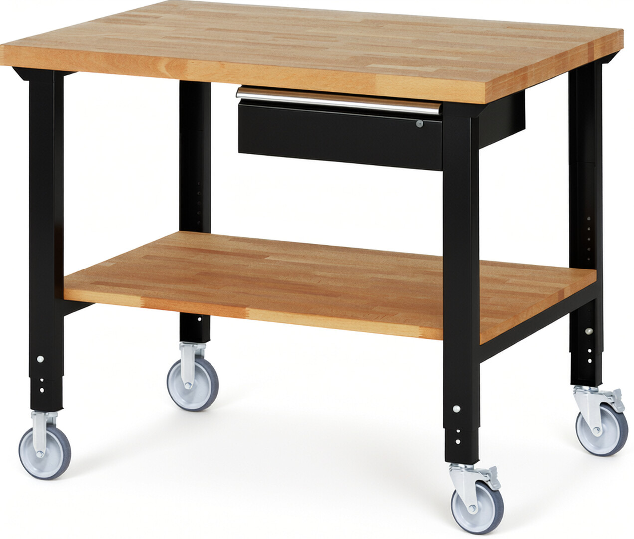 Fahrbare Werkbank Modell 7001 schwarz, BxTxH 1250x900x950-1000 mm,  Buche-Massiv Arbeitsplatte 40 mm,  1 Schublade mit  Auszug 90 %