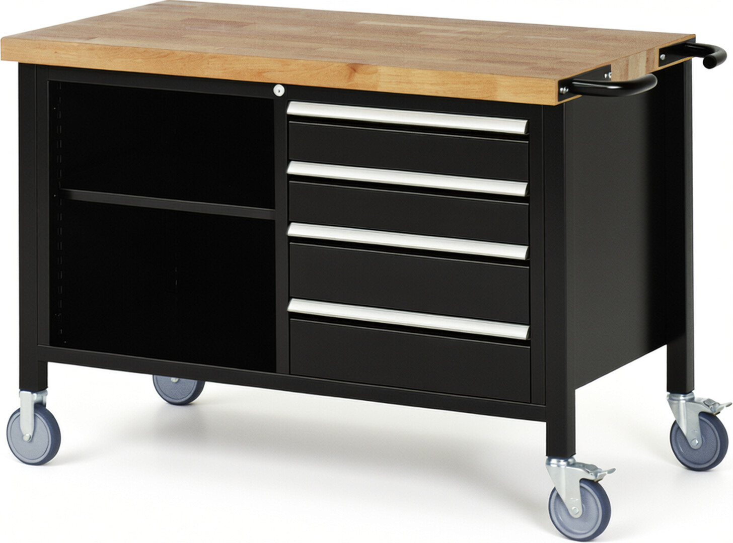 Fahrbare Werkbank Modell 8463 schwarz, BxTxH 1250x700x880 mm,  Buche-Massiv Arbeitsplatte 40 mm,  4 Schubladen mit  Auszug 90 %