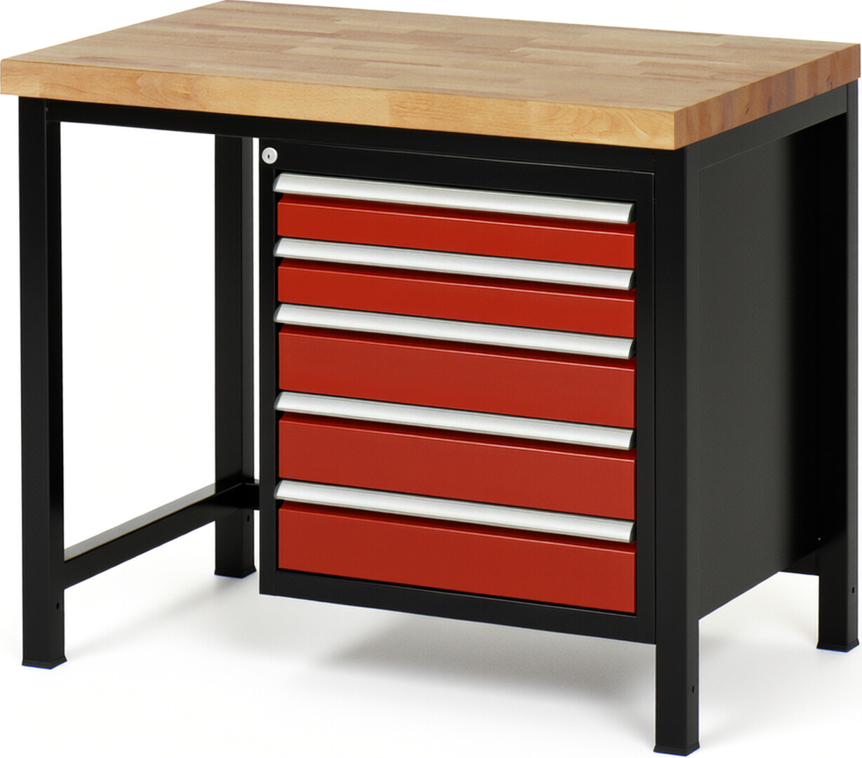 RAU Werkbank schwarz - rot - Breite 100 cm - Tiefe 70 cm - Höhe 104 cm - Buche-Massiv Arbeitsplatte 40 mm