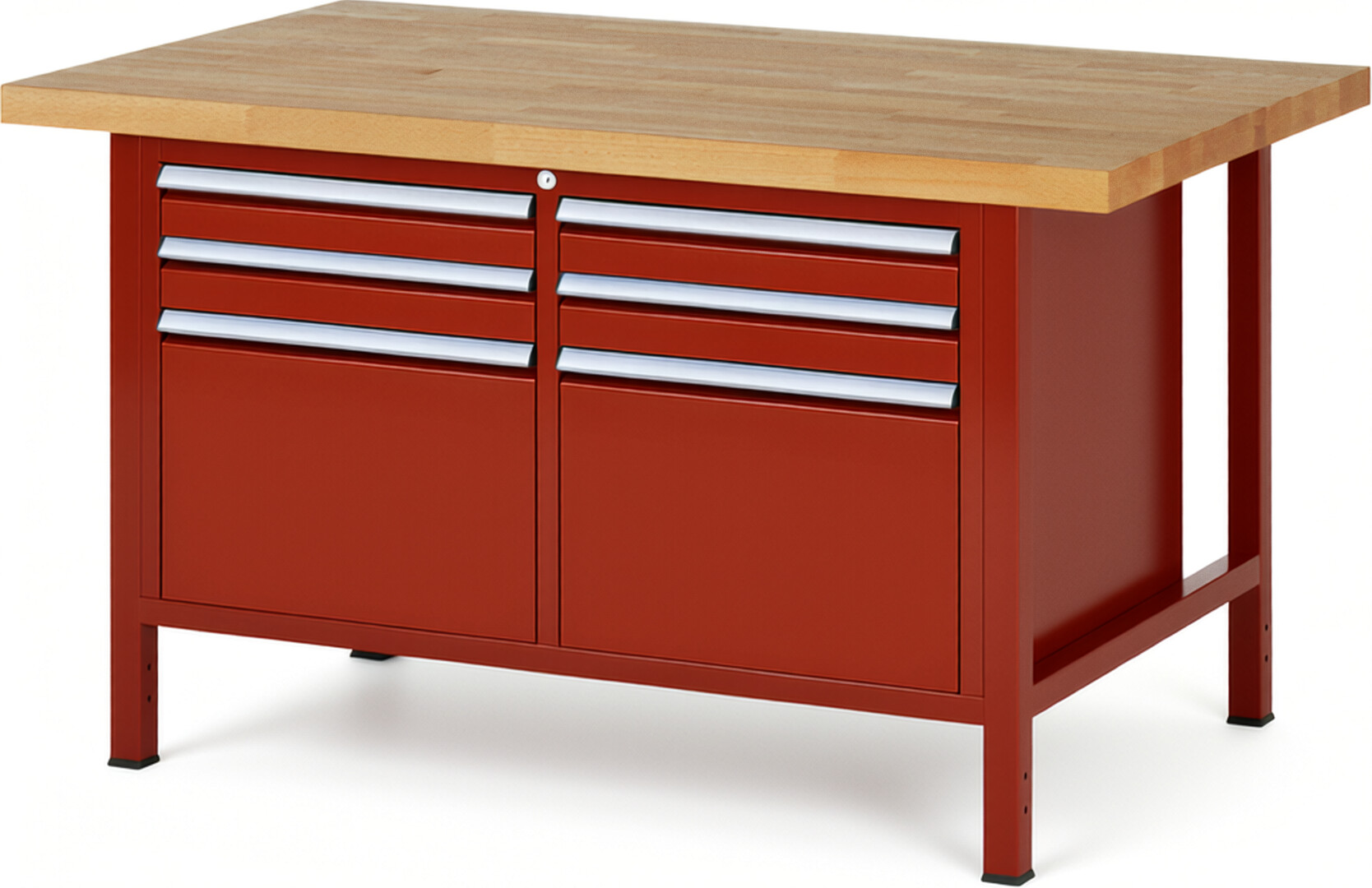 Werkbank Modell 8474 rot, BxTxH 1500x900x840-1040 mm,  Buche-Massiv Arbeitsplatte 40 mm,  6 Schubladen mit  Auszug 90 %