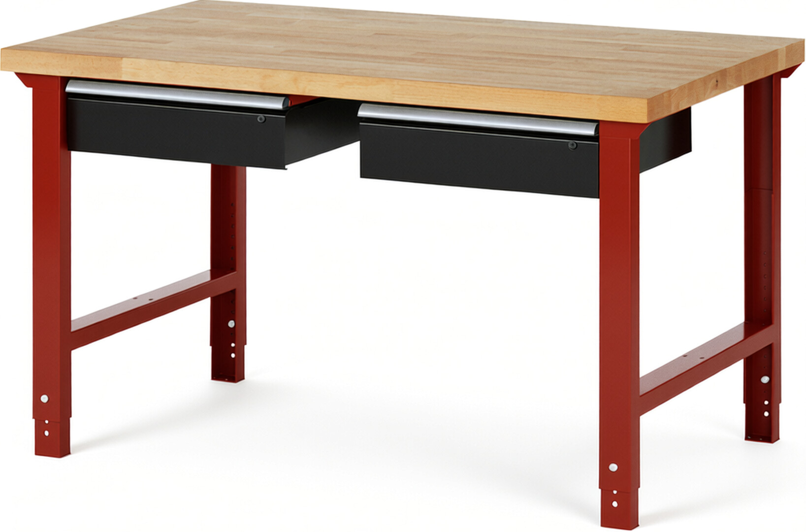 Werkbank Modell 7002 rot - schwarz, BxTxH 1500x900x790-1140 mm,  Buche-Massiv Arbeitsplatte 40 mm,  2 Schubladen mit  Auszug 90 %