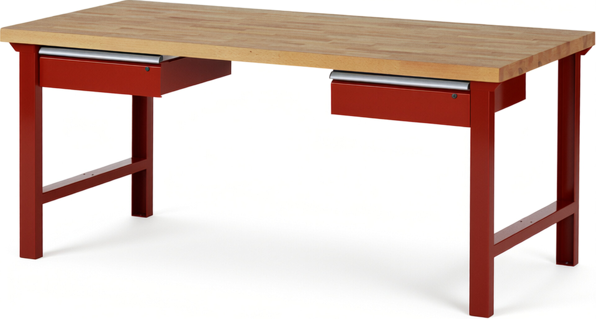 Werkbank Modell 7002 rot, BxTxH 2000x900x840 mm,  Buche-Massiv Arbeitsplatte 40 mm,  2 Schubladen mit  Auszug 90 %