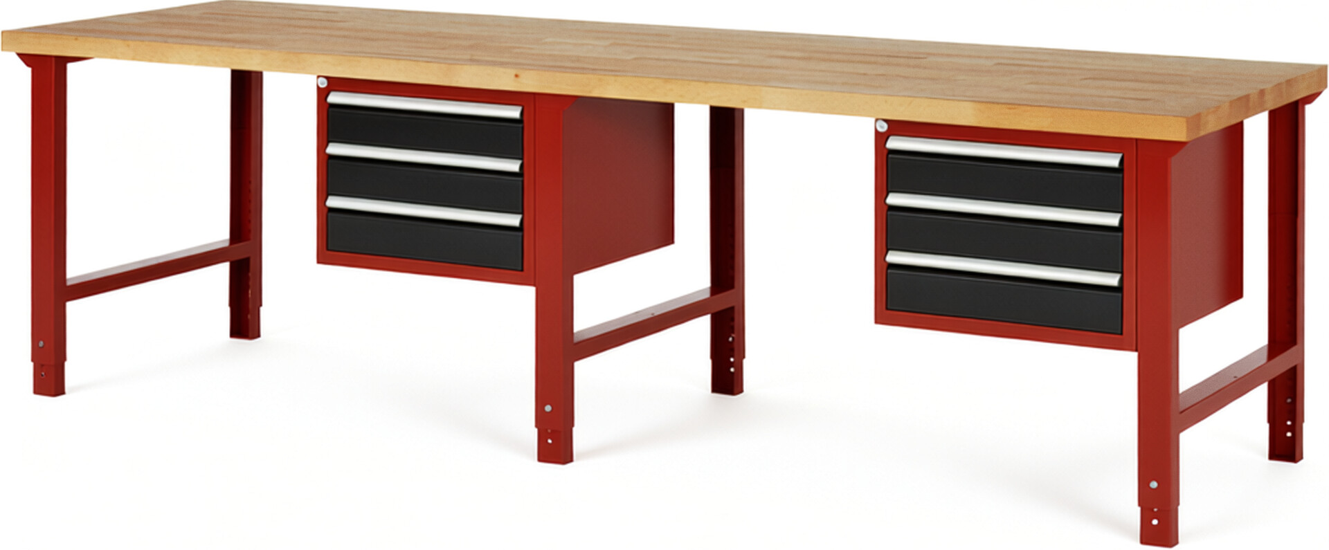 Werkbank Modell 7127 rot - schwarz, BxTxH 3000x900x790-1140 mm,  Buche-Massiv Arbeitsplatte 40 mm,  6 Schubladen mit  Vollauszug 100 % und  SoftClosing