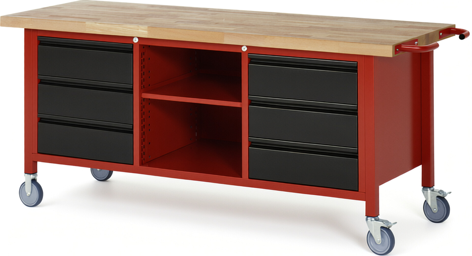 Fahrbare Werkbank - Modell 8581 BASIC rot - schwarz, BxTxH 2000x700x880 mm,  Buche-Massiv Arbeitsplatte 40 mm,  6 Schubladen mit  Auszug 90 %