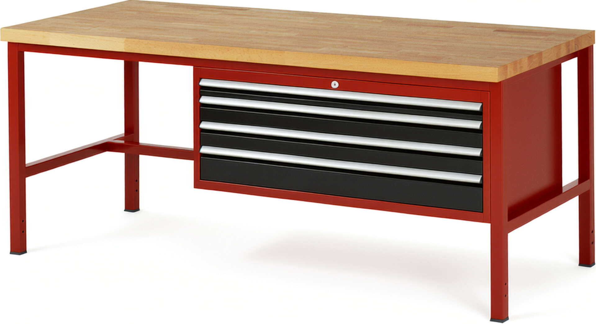 Werkbank Modell 8332 rot - schwarz, BxTxH 2000x900x840-1040 mm,  Buche-Massiv Arbeitsplatte 40 mm,  4 Schubladen mit  Vollauszug 100 % und  SoftClosing