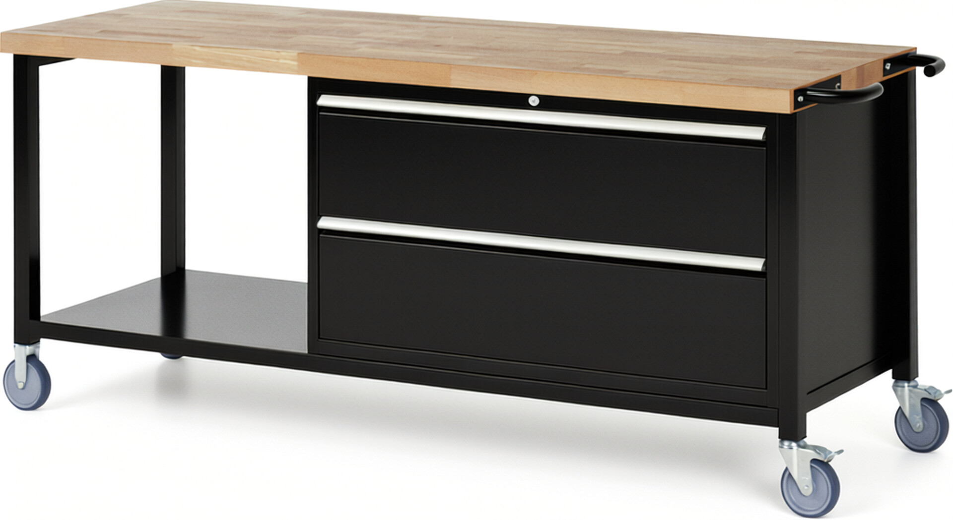 Fahrbare Werkbank Modell 8355 schwarz, BxTxH 2000x700x880 mm,  Buche-Massiv Arbeitsplatte 40 mm,  2 Schubladen mit  Auszug 90 %