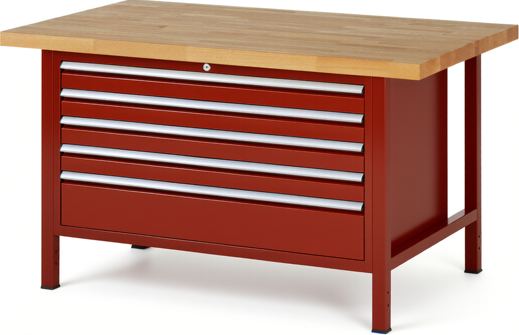 Werkbank Modell 8368 rot, BxTxH 1500x900x840 mm,  Buche-Massiv Arbeitsplatte 40 mm,  5 Schubladen mit  Auszug 90 %
