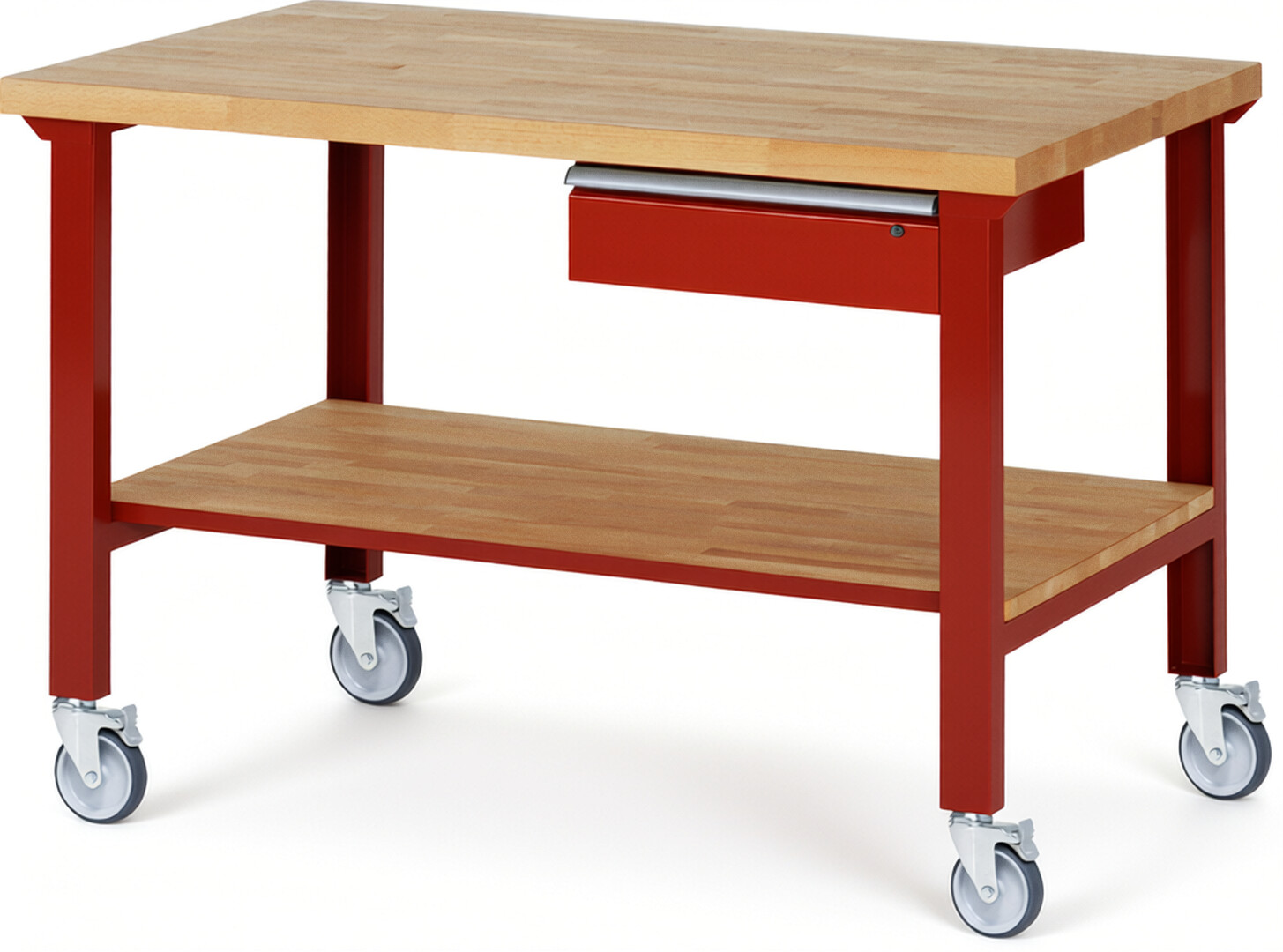 Fahrbare Werkbank Modell 7001 rot, BxTxH 1500x900x1000 mm,  Buche-Massiv Arbeitsplatte 40 mm,  1 Schublade mit  Auszug 90 %