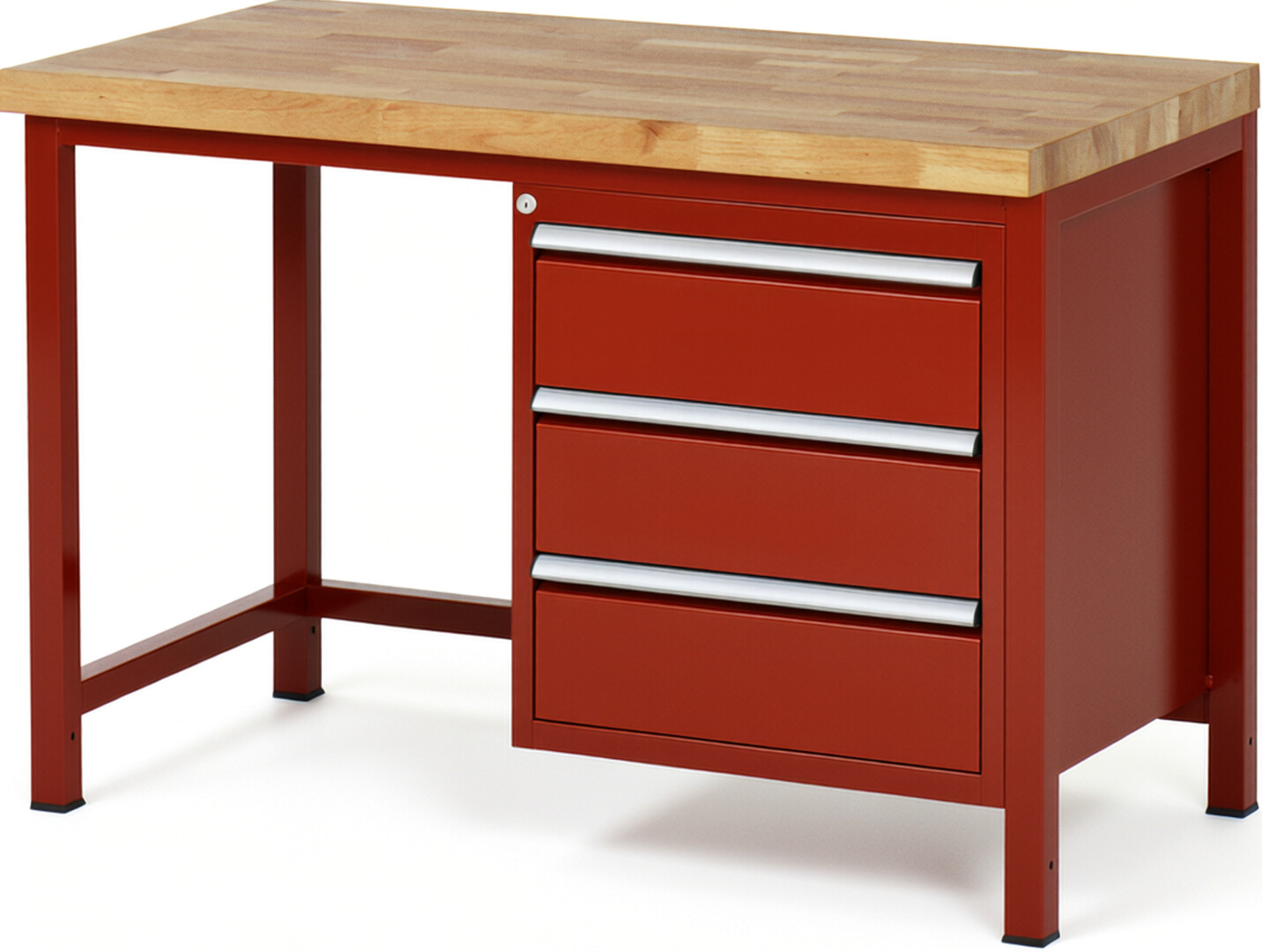 Werkbank Modell 8157 rot, BxTxH 1250x700x840 mm,  Buche-Massiv Arbeitsplatte 40 mm,  3 Schubladen mit  Vollauszug 100 % und  SoftClosing