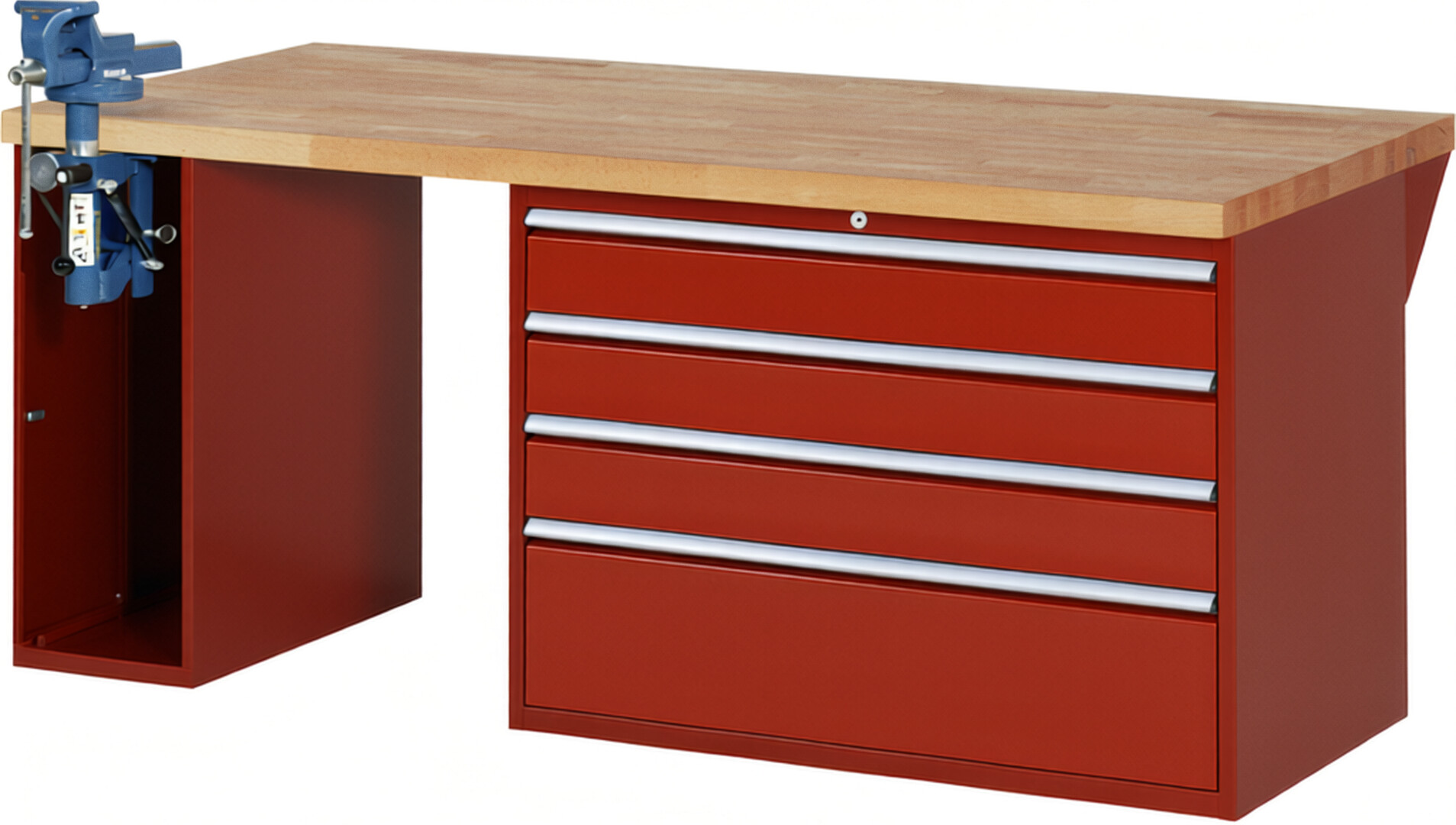 Werkbank Modell 7710 rot, BxTxH 2000x900x840 mm,  Buche-Massiv Arbeitsplatte 40 mm,  4 Schubladen mit  Auszug 90 %