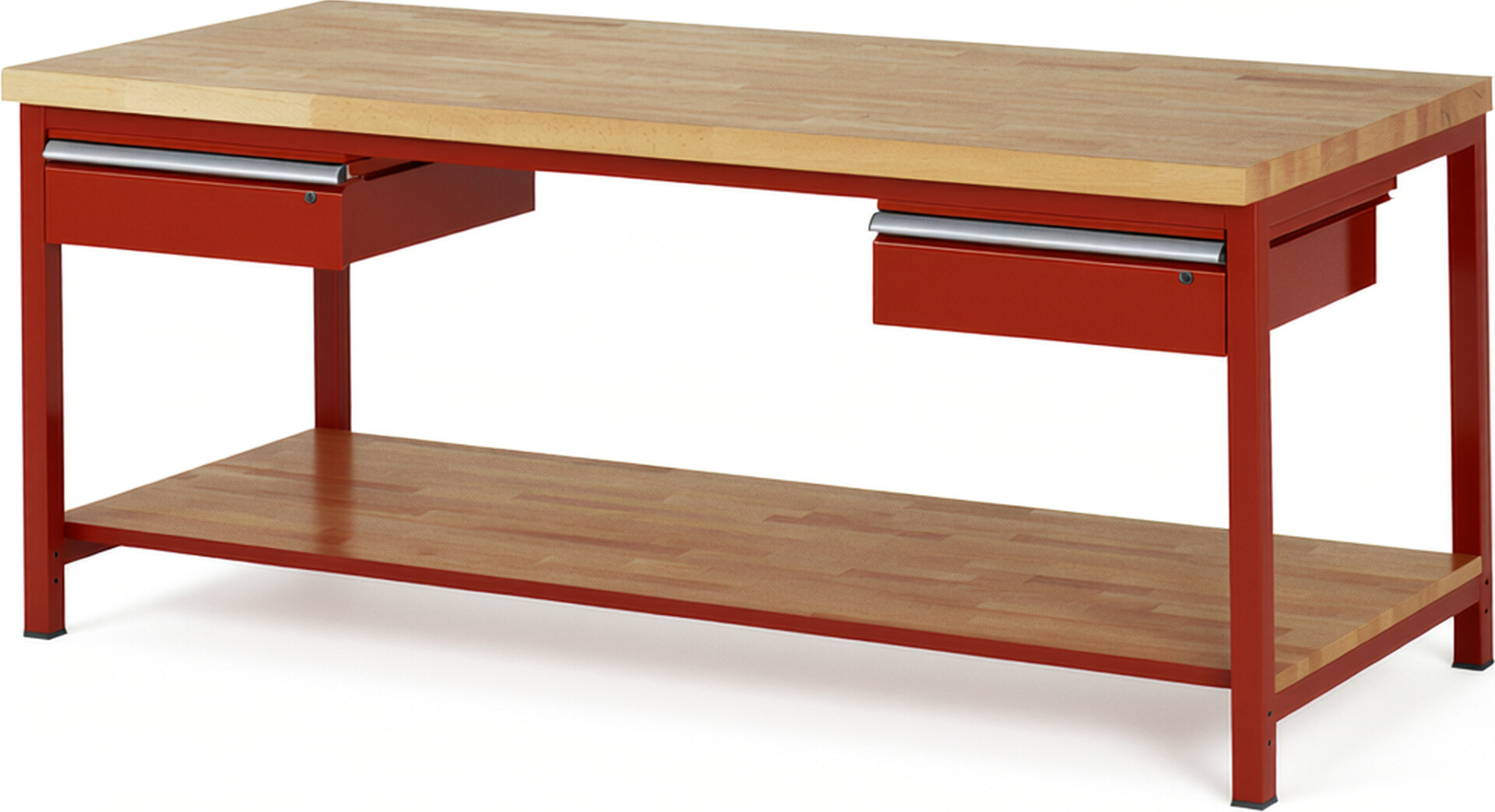 Werkbank Modell 8002 rot, BxTxH 2000x900x840-1040 mm,  Buche-Massiv Arbeitsplatte 40 mm,  2 Schubladen mit  Auszug 90 %