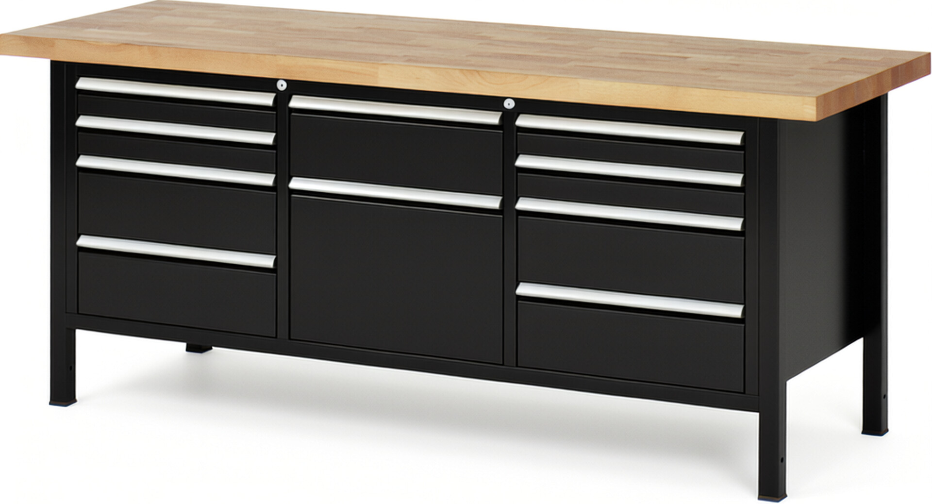 Werkbank Modell 8575 schwarz, BxTxH 2000x700x840 mm,  Buche-Massiv Arbeitsplatte 40 mm,  10 Schubladen mit  Vollauszug 100 % und  SoftClosing