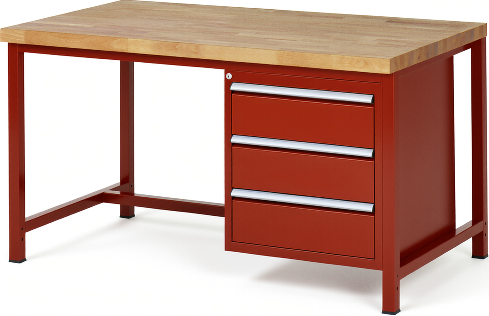 Werkbank Modell 8157 rot, BxTxH 1500x900x840 mm,  Buche-Massiv Arbeitsplatte 40 mm,  3 Schubladen mit  Vollauszug 100 % und  SoftClosing