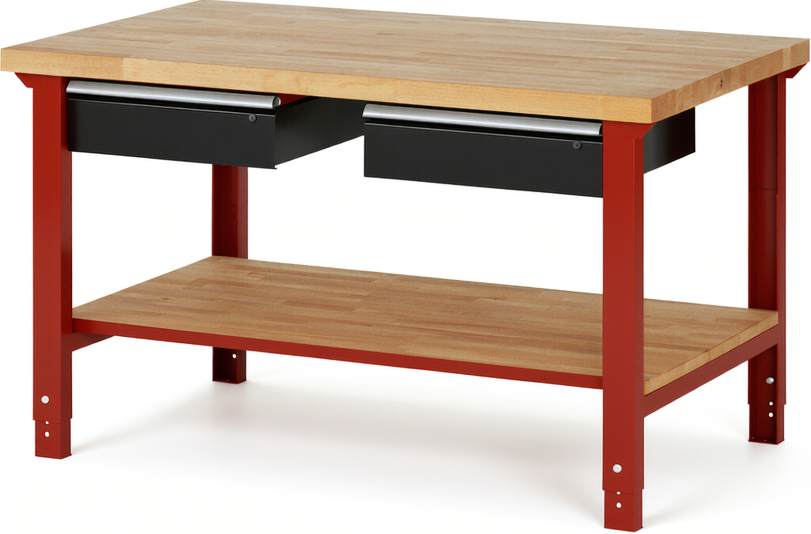 Werkbank Modell 7002 rot - schwarz, BxTxH 1500x900x790-1140 mm,  Buche-Massiv Arbeitsplatte 40 mm,  2 Schubladen mit  Auszug 90 %