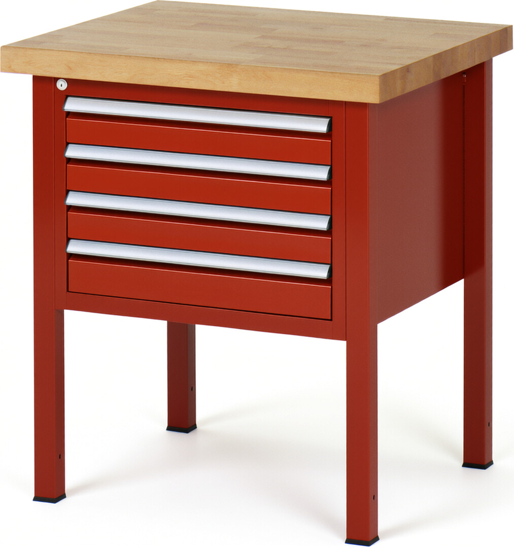 Werkbank Modell 8133 rot, BxTxH 750x700x840 mm,  Buche-Massiv Arbeitsplatte 40 mm,  4 Schubladen mit  Auszug 90 %
