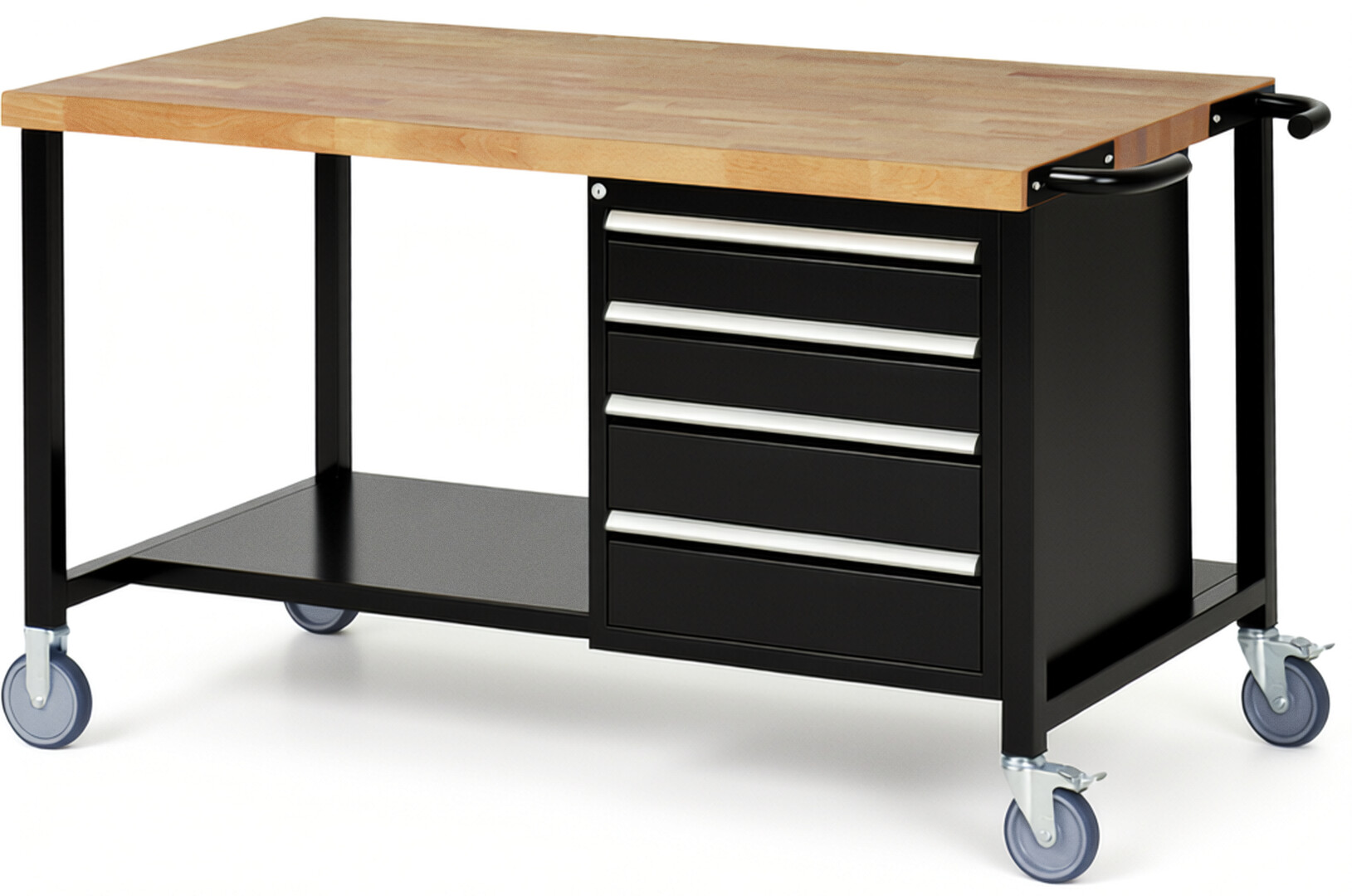 Fahrbare Werkbank Modell 8162 schwarz, BxTxH 1500x900x880 mm,  Buche-Massiv Arbeitsplatte 40 mm,  4 Schubladen mit  Vollauszug 100 % und  SoftClosing