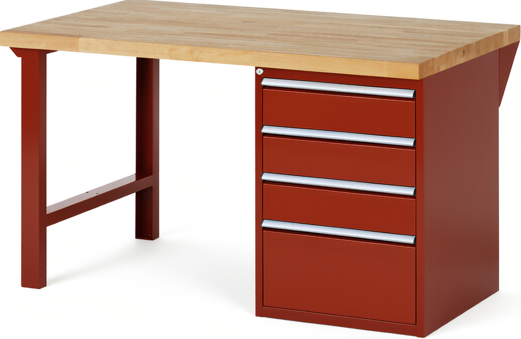 Werkbank Modell 7510 rot, BxTxH 1500x900x890 mm,  Buche-Massiv Arbeitsplatte 40 mm,  4 Schubladen mit  Auszug 90 %