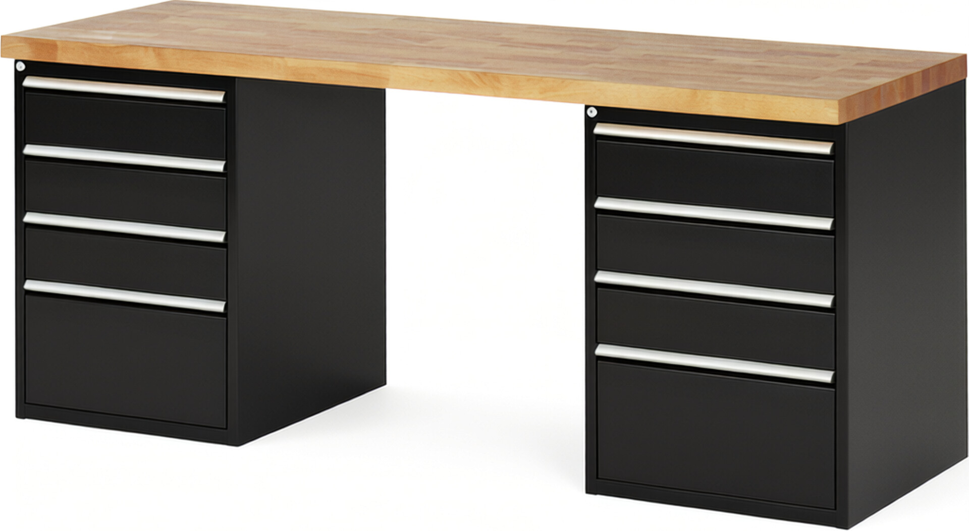 Werkbank Modell 7510 schwarz, BxTxH 2000x700x890 mm,  Buche-Massiv Arbeitsplatte 40 mm,  8 Schubladen mit  Auszug 90 %