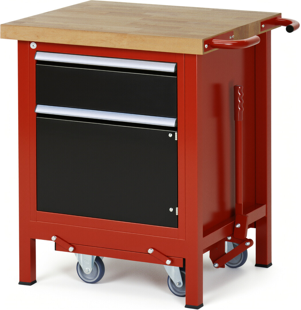 Absenkbare Werkbank Modell 8152 rot - schwarz, BxTxH 750x700x880 mm,  Buche-Massiv Arbeitsplatte 40 mm,  1 Schublade mit  Auszug 90 %
