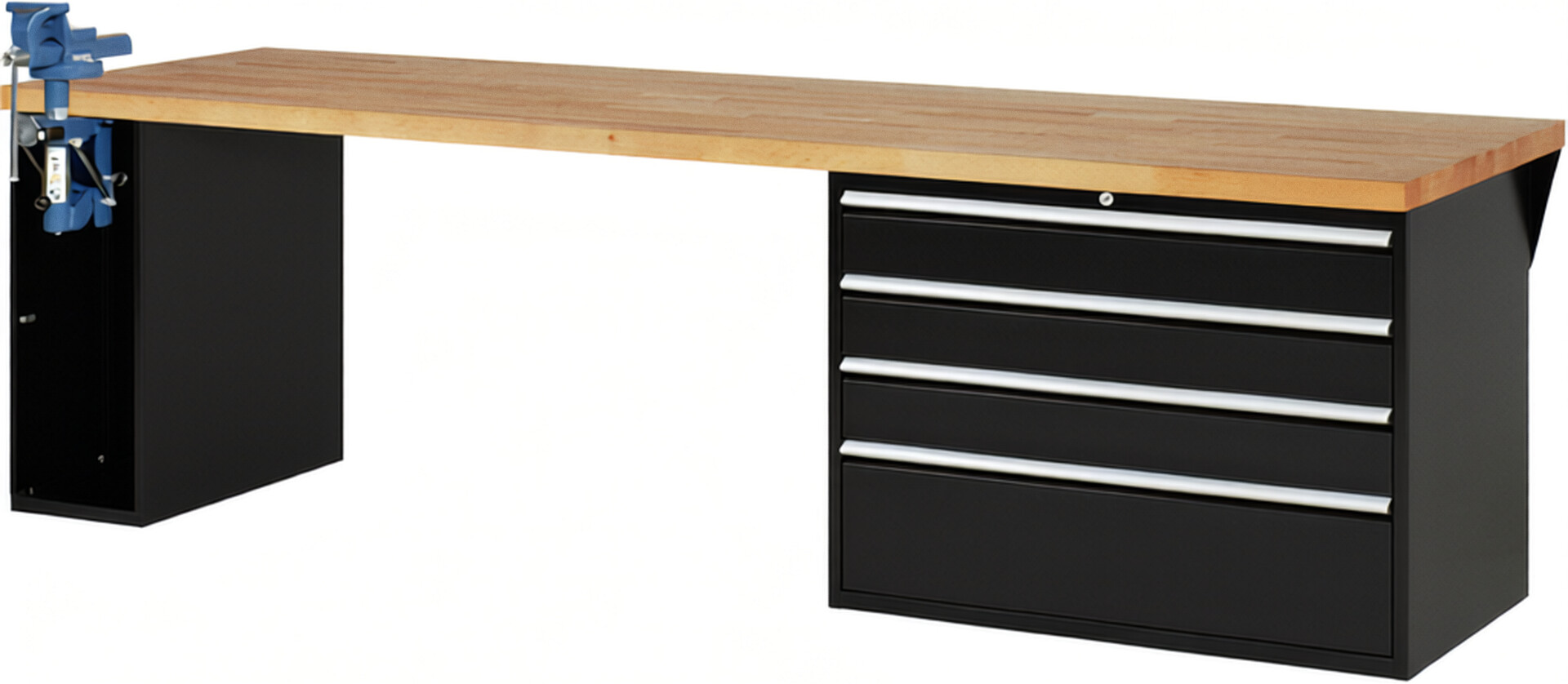 Werkbank Modell 7710 schwarz, BxTxH 3000x900x840 mm,  Buche-Massiv Arbeitsplatte 40 mm,  4 Schubladen mit  Auszug 90 %