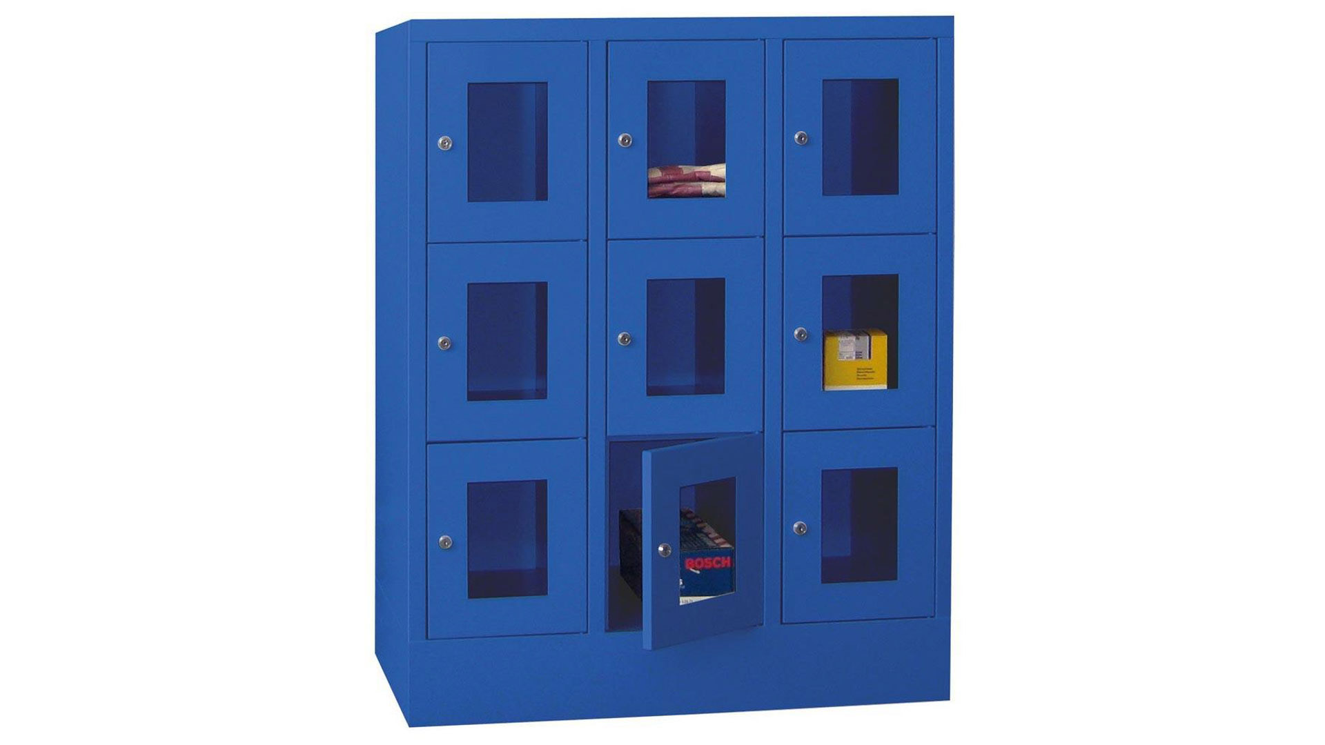 Fächerschränke mit Sichtfenstertüren, Breite 90 cm, Höhe 118,7 cm, Tiefe 50 cm, 3x3 Fächer