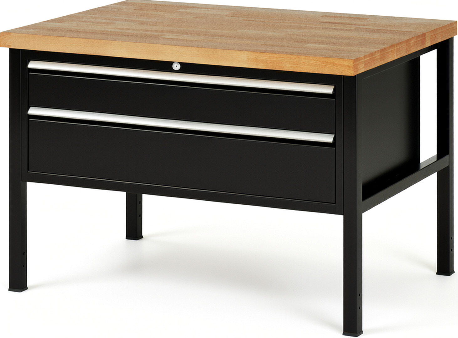Werkbank Modell 8323 schwarz, BxTxH 1250x900x840 mm,  Buche-Massiv Arbeitsplatte 40 mm,  2 Schubladen mit  Auszug 90 %