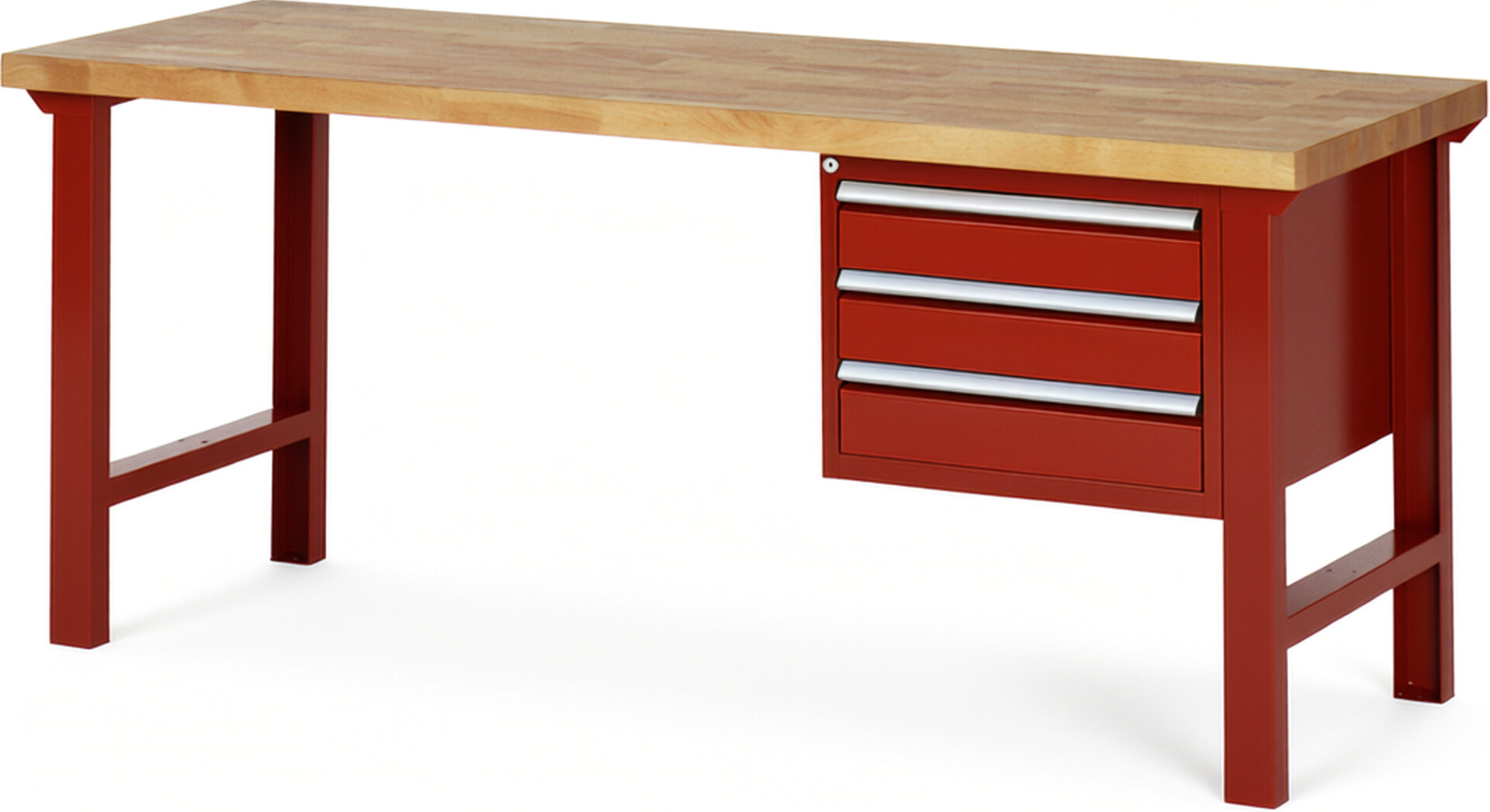 Werkbank Modell 7127 rot, BxTxH 2000x700x840 mm,  Buche-Massiv Arbeitsplatte 40 mm,  3 Schubladen mit  Auszug 90 %