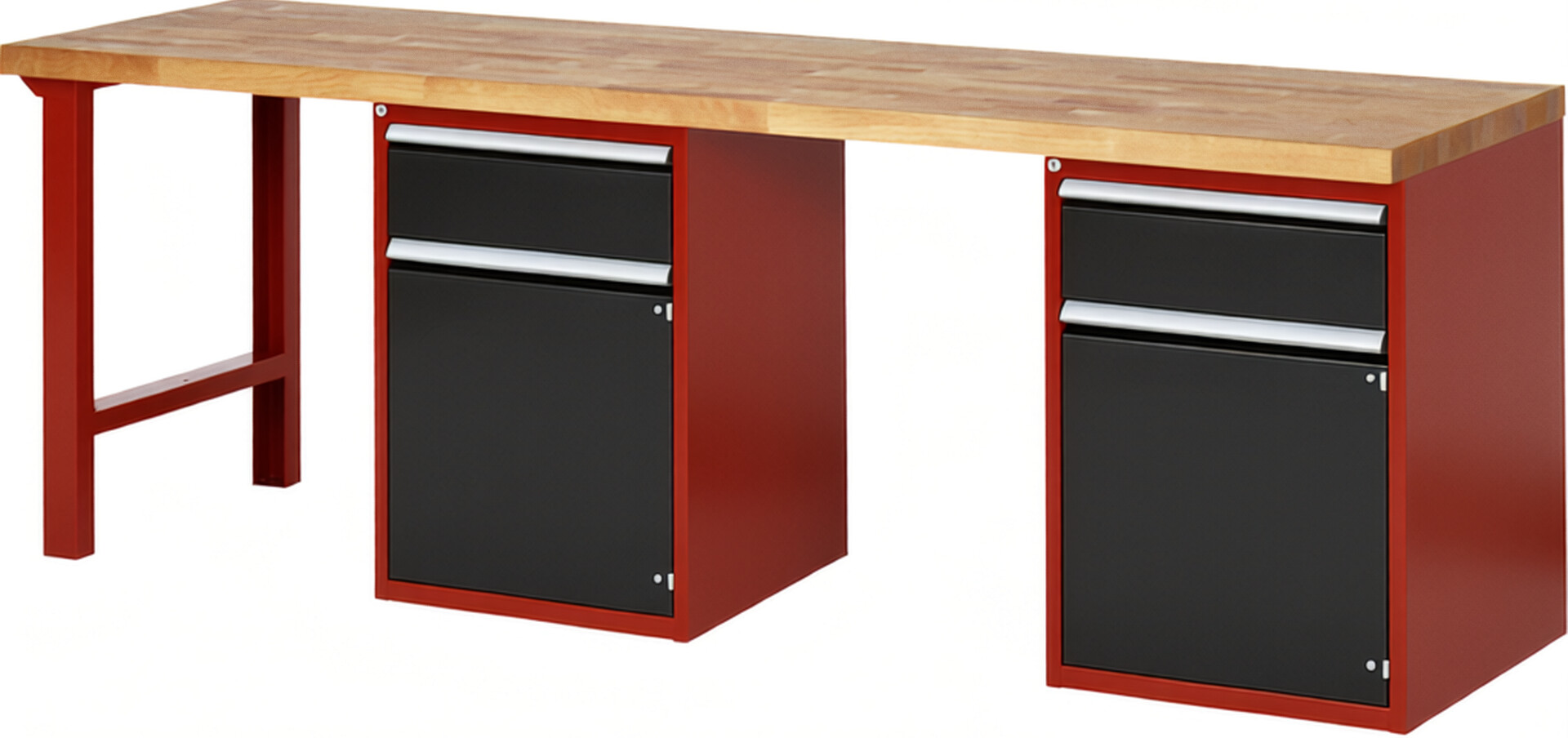 Werkbank Modell 7502 rot - schwarz, BxTxH 2500x700x890 mm,  Buche-Massiv Arbeitsplatte 40 mm,  2 Schubladen mit  Auszug 90 %